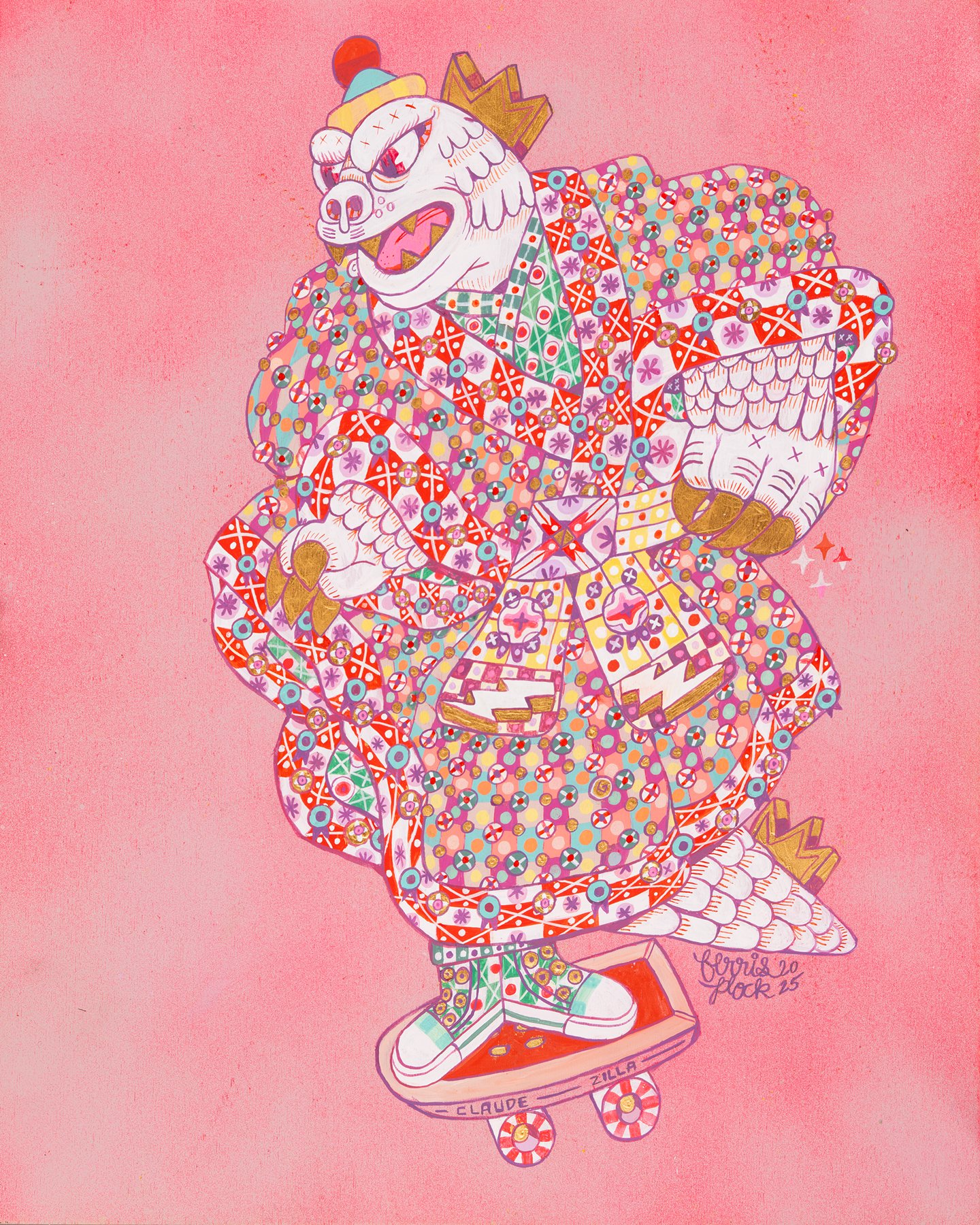 Lot #326 Ferris Plock Claudezilla (2025) Gouache, spray paint, acrylic and gold leaf on wood panel 16 × 20” “I needed to create something special this year for this special 40th anniversary of Hospitality House. I wanted to combine two of my fav