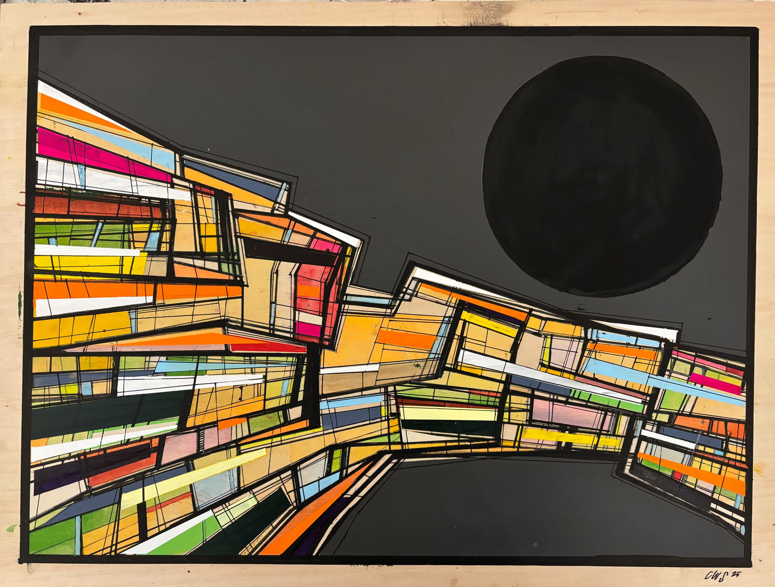 Lot #324 Chris Stokes Cityscape with Moonrising (2025) Mixed media 18 × 24” “This piece highlights the effects the light the moon over has over the city. The brightest brights and darkest darks.” @ ChrisStokes Courtesy of Chris Stokes, Lun