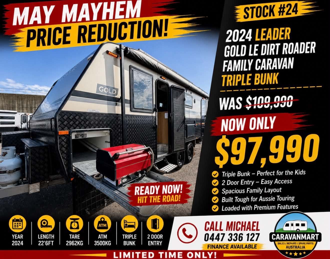 *** PRICE REDUCED *** Stock #23 Leader Gold LE Dirt Roader Triple Bunk . 2 Door Entry 