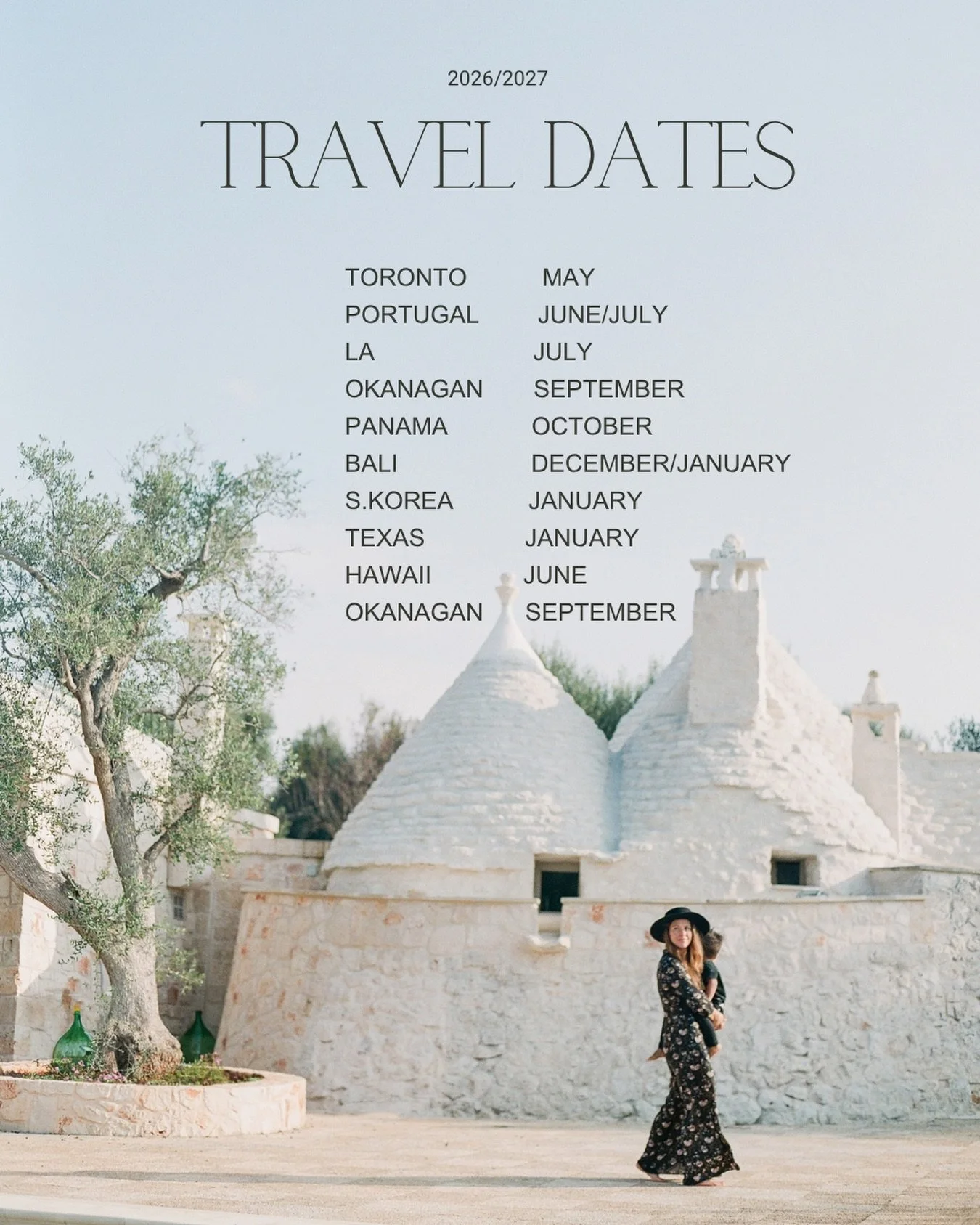 Our travel dates for 2026/2027 so far!  We love to do engagement, anniversary, elopements, honeymoon shoots while away and it saves our couples travel fees if we are already there! 

Note: Accepting 2027 weddings in the States! We will have our US vi
