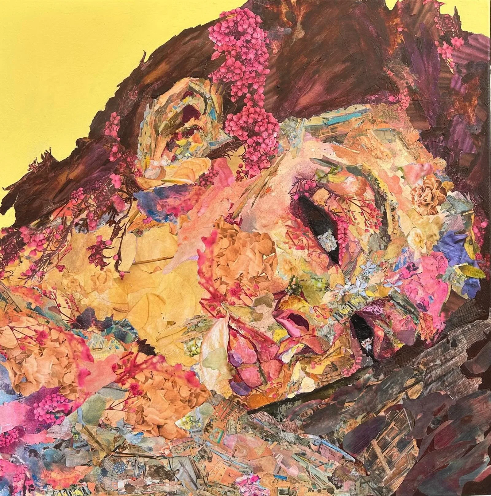 Magda Malkoun 
Yasmin
Mixed media on Canvas
50x50cm

Her body leans into stillness, yet within her blooms a
fierce resilience. Inspired by the jasmine flower &mdash;
graceful, fragrant, and enduring.