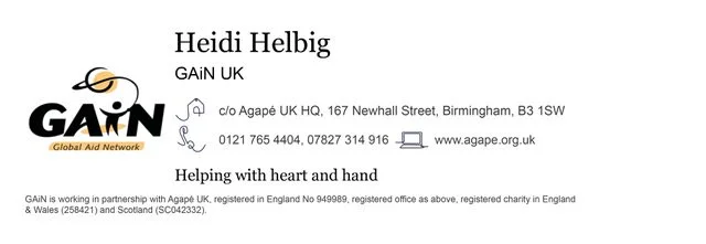 Heidi Helbig Serving with Global Aid Network (GAIN) UK, Humanitarian Partner of Agapé UK Summer 2023