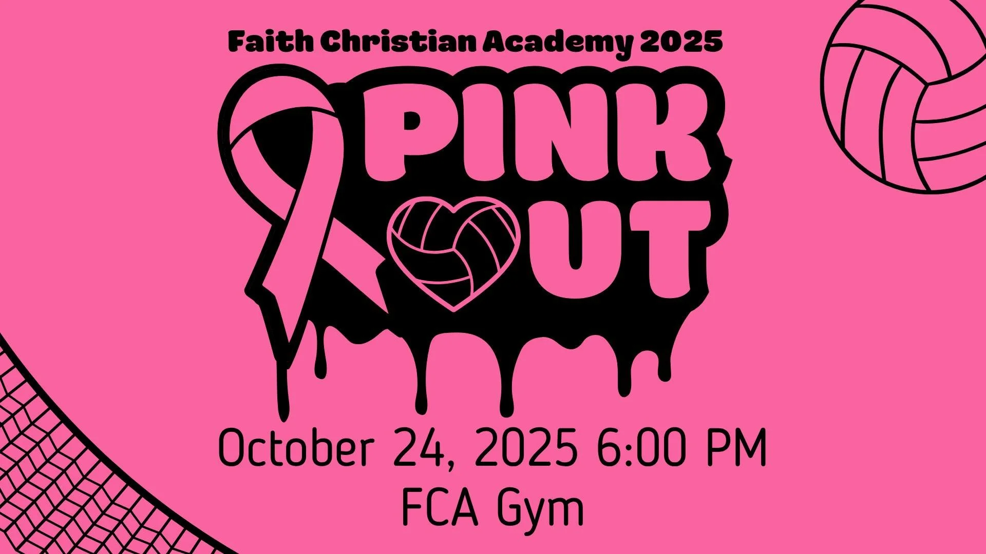 💕A Fun Family Event with a Purpose💕
We would like to invite everyone out to our Volleyball Pink Out Night in support of Breast Cancer Awareness!

Join us on Friday, Oct. 24, in the FCA Gym at 6:00 pm. The FCA volleyball players will face off agains