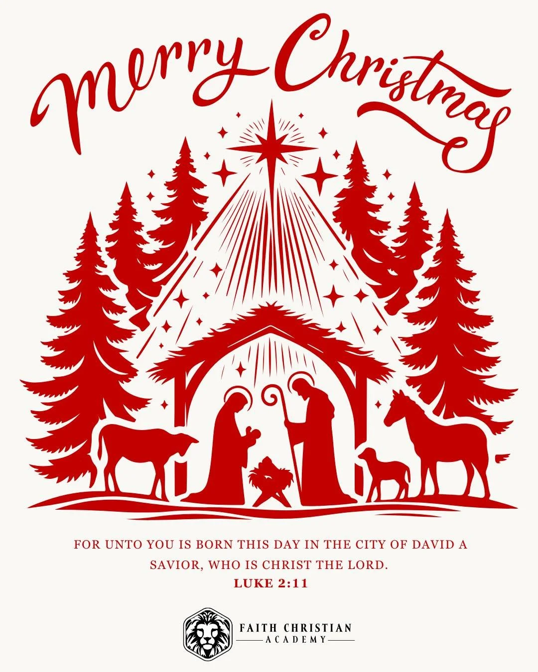 Merry Christmas from Faith Christian Academy! 🎄✨
Today we rejoice in the greatest gift of all, Jesus Christ, our Savior. May His peace and hope fill your home and heart this season. 
&ldquo;Today in the town of David a Savior has been born to you; H