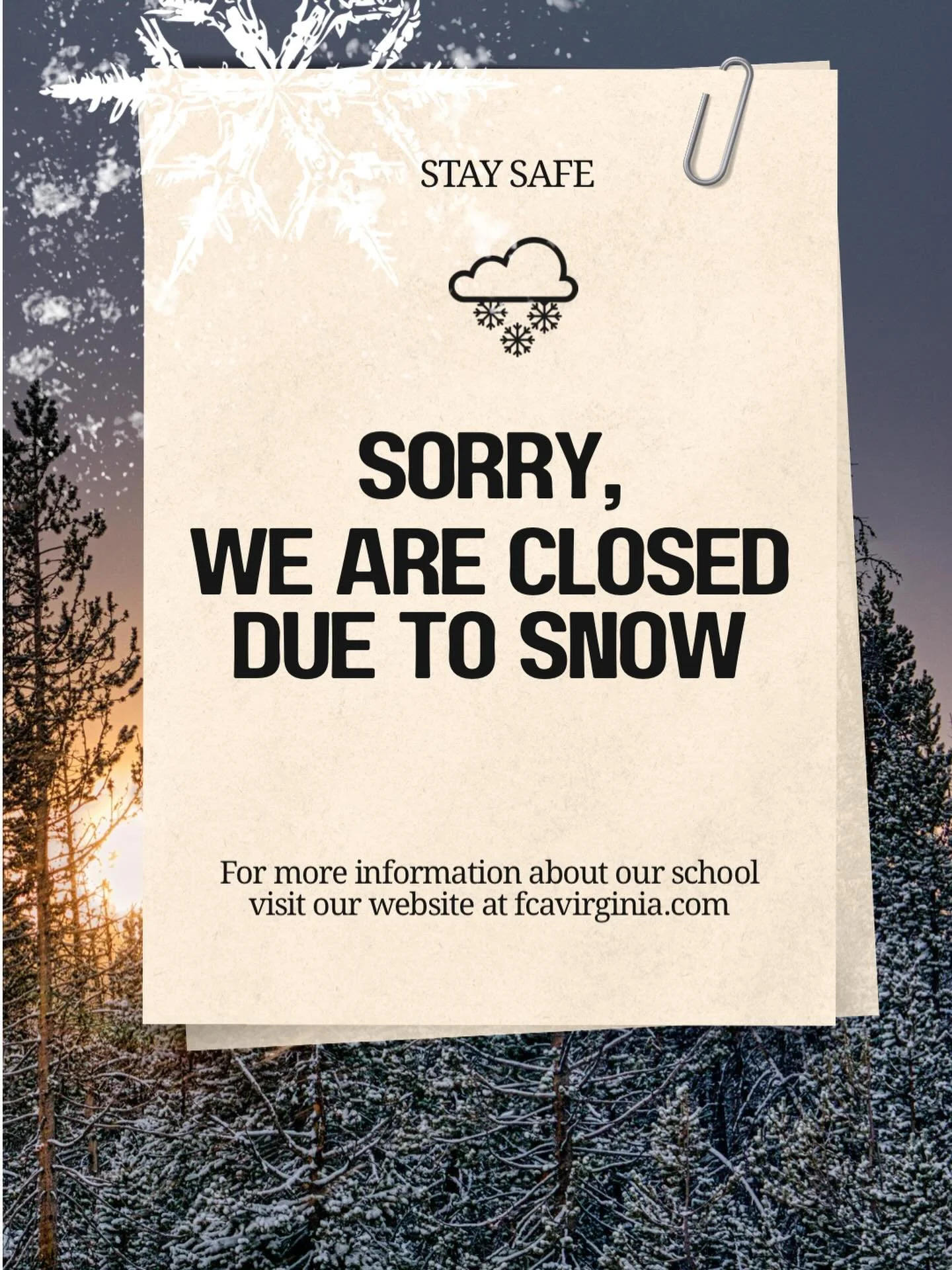❄️ CLOSURE ALERT ❄️
Faith Christian Academy will be CLOSED on Tuesday, January 27th due to continued cold and icy conditions. Stay warm, and our prayers are with everyone&rsquo;s safety! 🙏💙 #FCASafety #SnowDay