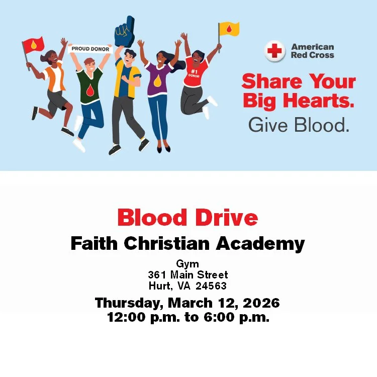 Join us for a blood drive at Faith Christian Academy on Thursday, March 12, 2026, from 12:00-6:00 p.m. 🩸Schedule your appointment at RedCrossBlood.org.#BloodDrive #GiveBlood #SaveLives #FaithChristianAcademy #RedCross #CommunityCare