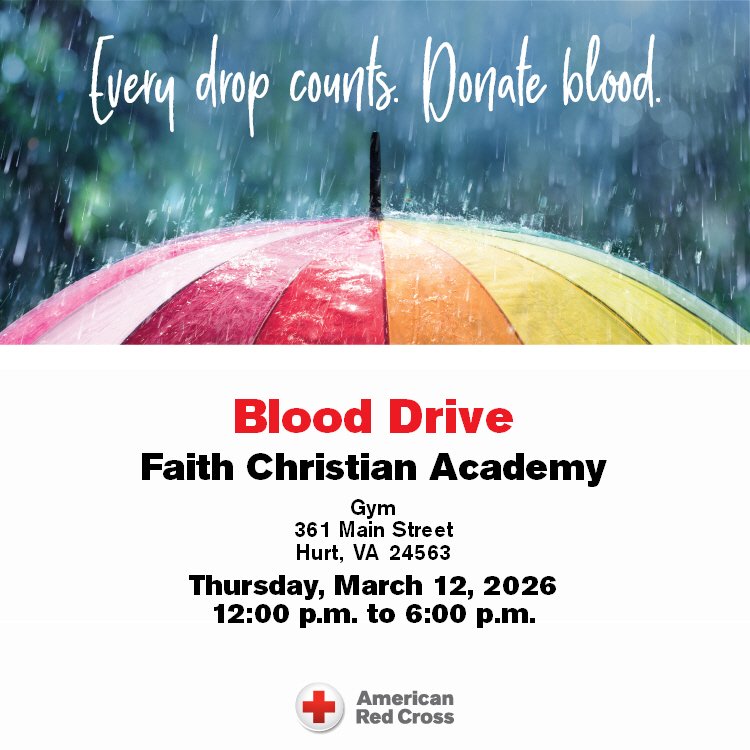 Please join us for a blood drive at Faith Christian Academy on Thursday, March 12, 2026 from 12:00 p.m. to 6:00 p.m. Visit RedCrossBlood.org to schedule an appointment. #FCA #blooddrive #spring2026 #redcross