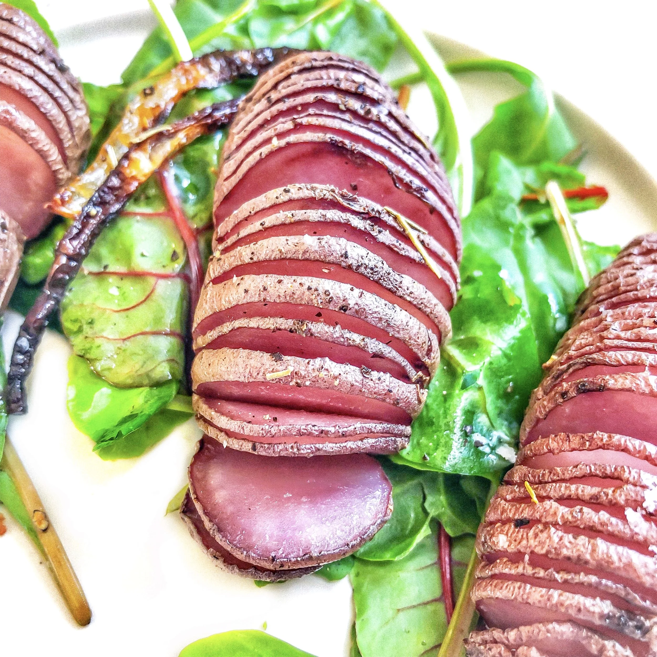 Mini Hasselback Purple Potatoes- vegan, gf, nut free, zero waste