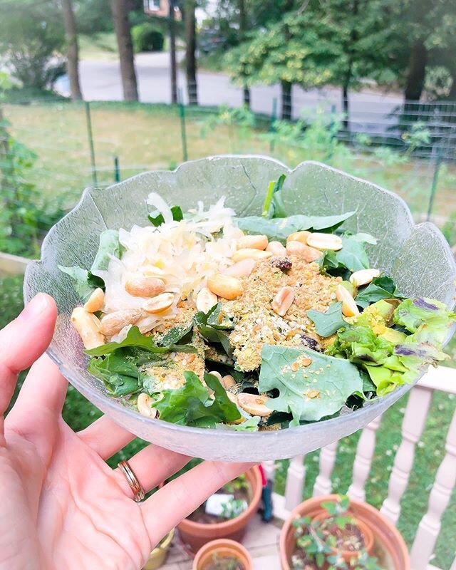 It&rsquo;s never too early in the day for a salad. Nothing particularly &ldquo;instagrammable&rdquo; about this, but it was delicious &amp; nutritious- kale from our garden, @bubbiespickles sauerkraut, avocado, flaxseed, nutritional yeast &amp; @thew