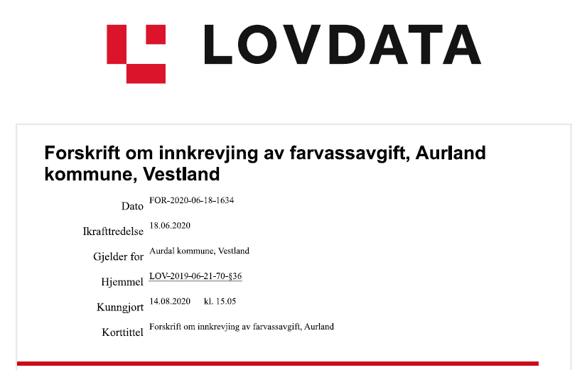 Offentleg høyring – Forslag om oppheving av lokal forskrift om innkrevjing av farvassavgift i Aurland kommune