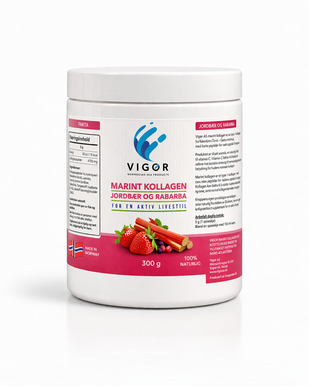 Marint kollagen med smak av jordbær og rabarbra (tilsatt naturlig Vitamin C) (best før 07.2026)