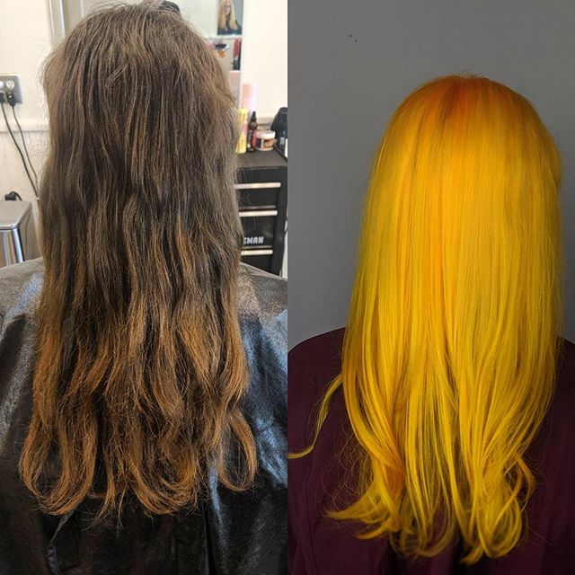 When you&rsquo;re ready to be your own sunshine☀️cut and color by @carlyhallcosmetologist  #pulpriot #blondor #beforeandafterhair #fantasycolor #orbithair #orbithairdesign #annarborstylist #annarborcolorist #fckinghair #behindthechair