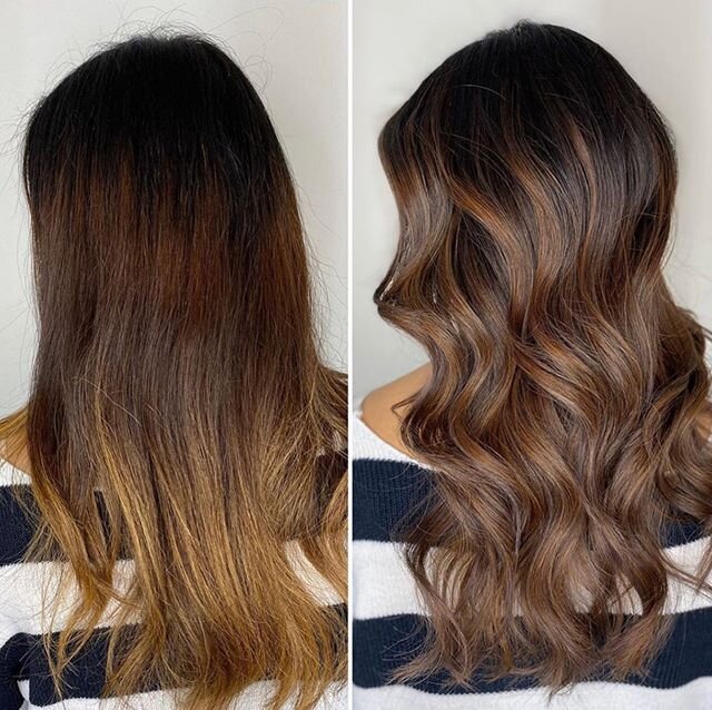 A yummy before and after by @monserratrw 🖤  #orbithair #orbithairdesign #annnarborhair #annarborhairstylist #annarborhairsalon #annarborcolorist #annarborcolorspecialist #colorcorrection #colorcorrectionspecialist #balayage
