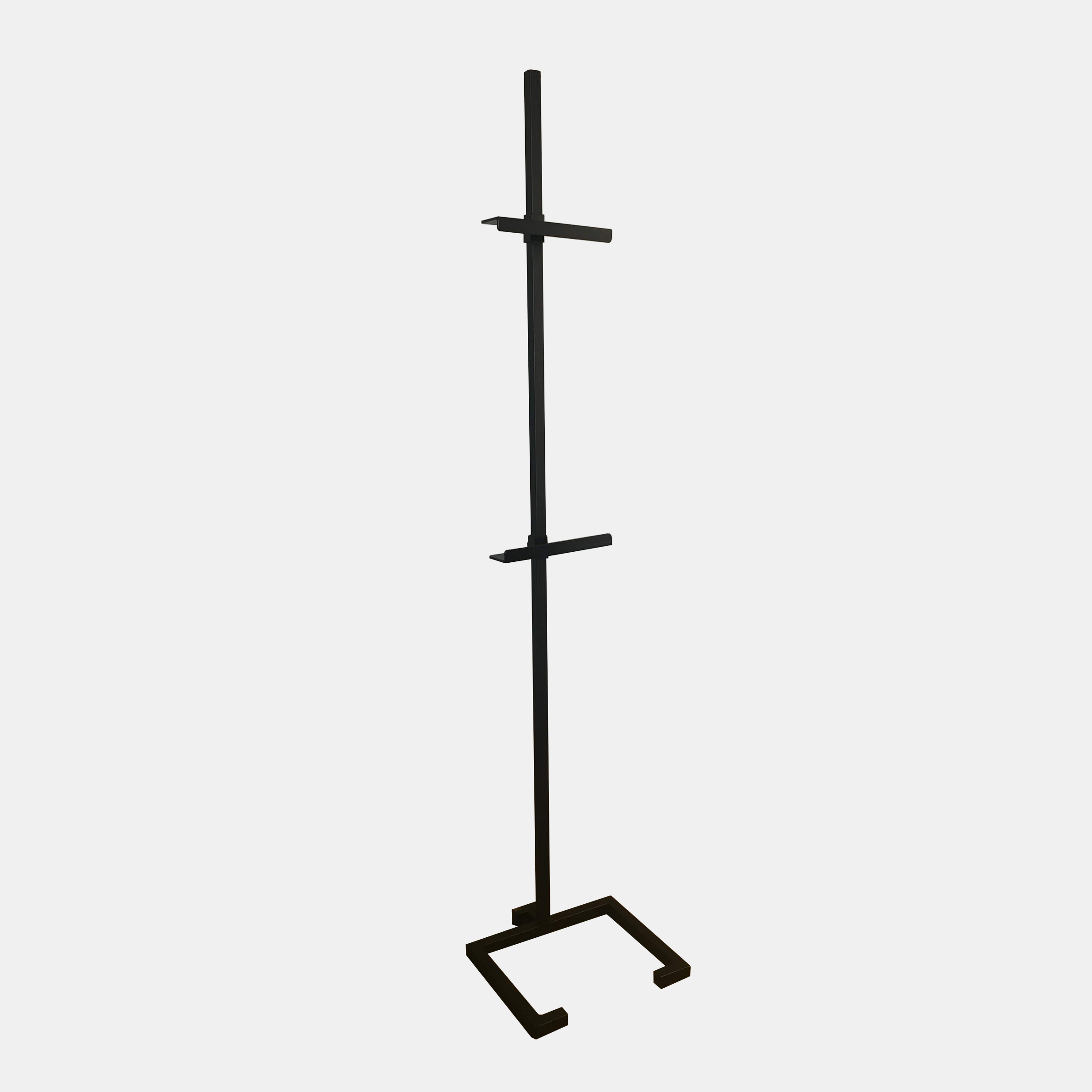 Medium Steel Easel Black powder-coated steel base with hollow-core post and adjustable brackets. Custom made in Atlanta, GA. Medium: 72” high, 15”x14.5” base. All brackets 2.5” deep. Additional brackets available for use with two pieces of art. SKU112FMW