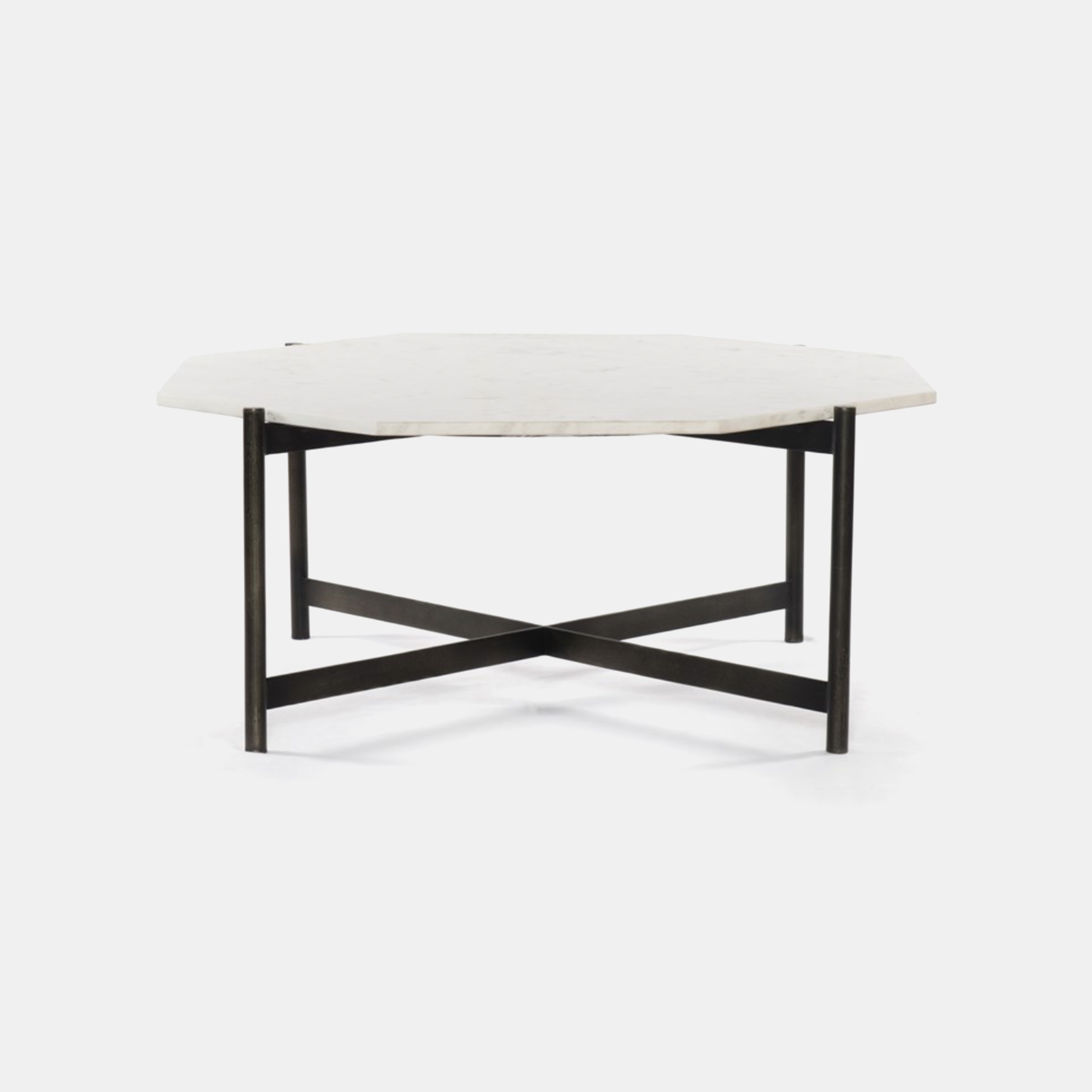 Adair Coffee Table 39.75"w x 37"d x 16"h Marble top with raw brass or hammered grey (shown) base. SKU9823FHS