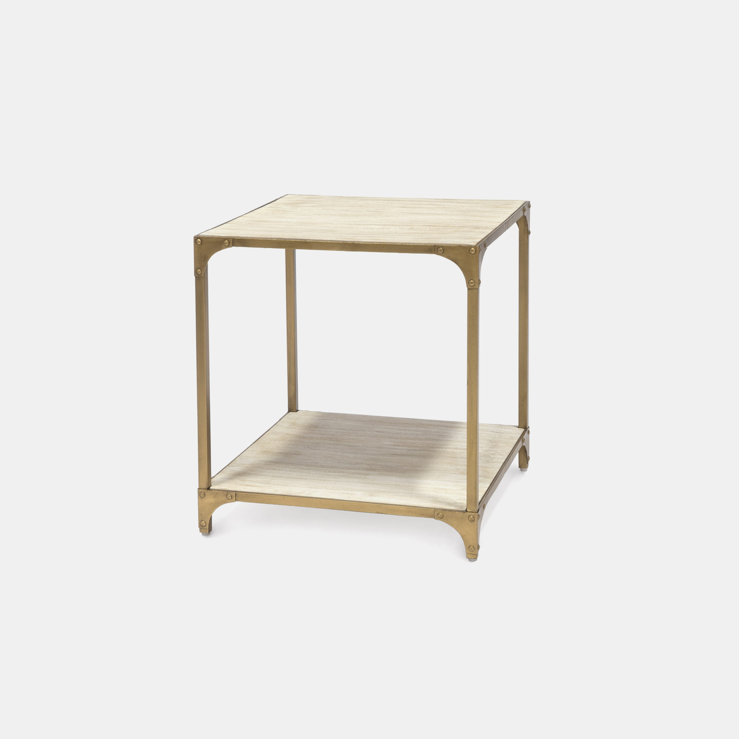 Ellison Side Table 22"sq x 24"h Wood shelves and metal frame. Also available as coffee table and console table. SKU573PLK