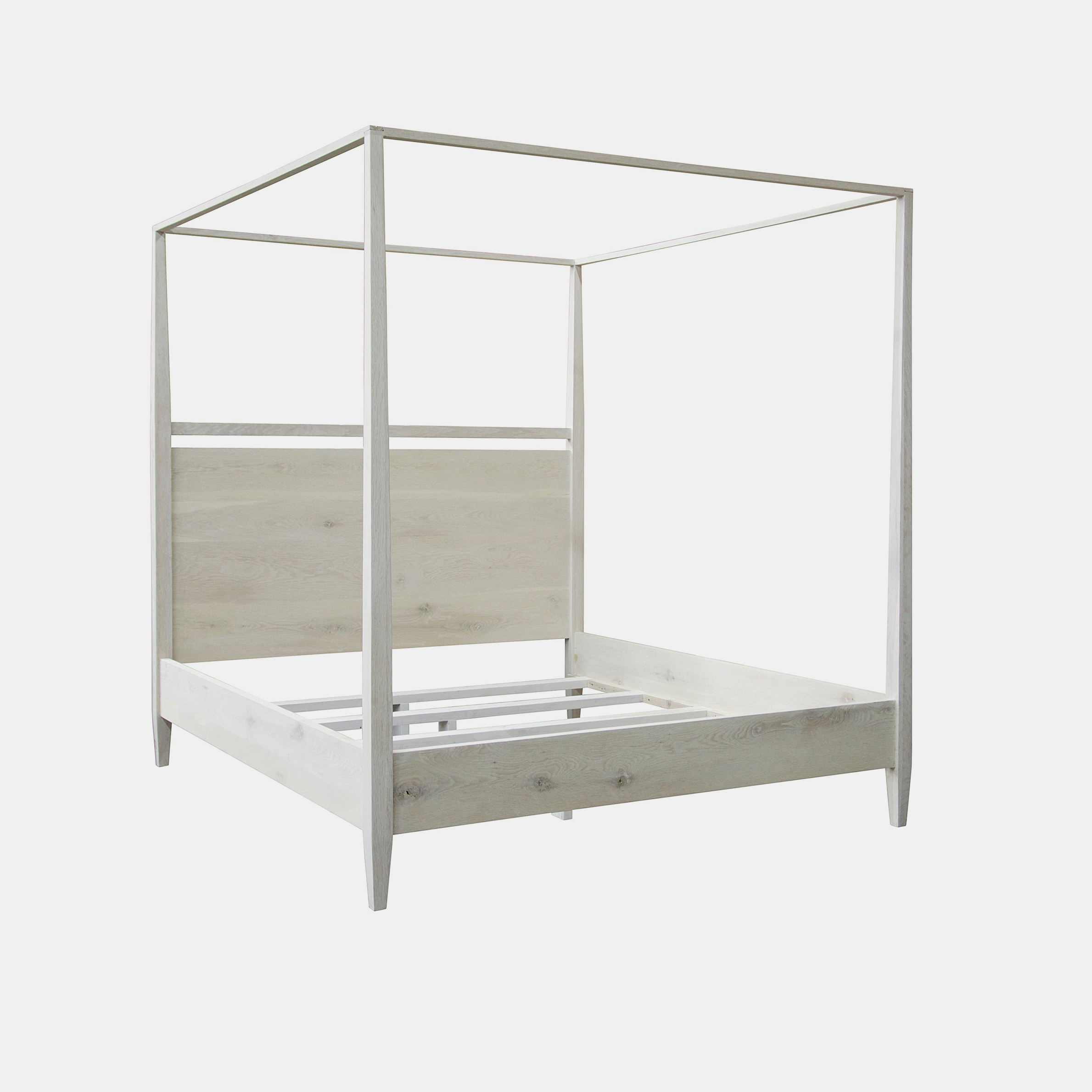 Modern Four Poster Bed 65”w x 86”l x 84”h (queen) Available in queen, california king, and eastern king. Available in washed oak (shown) and black shellac. SKU2392CFC