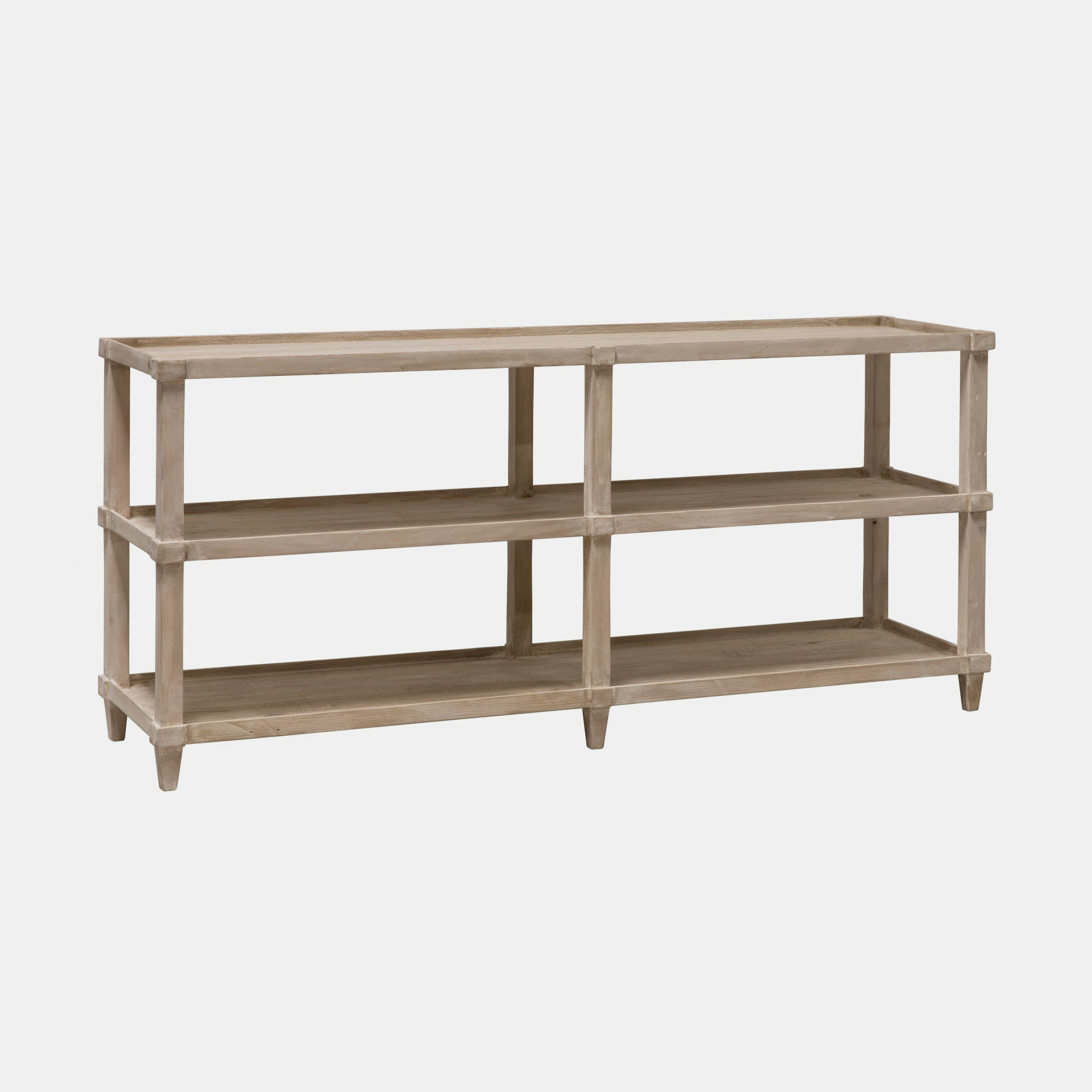 Lilia Console 84"l x 20"d x 32"h 72”l x 18”d x 32”h 60”l x 18”d x 32"h Available in gray wash wax (shown) or espresso. Also available with casters. SKU7239CFC