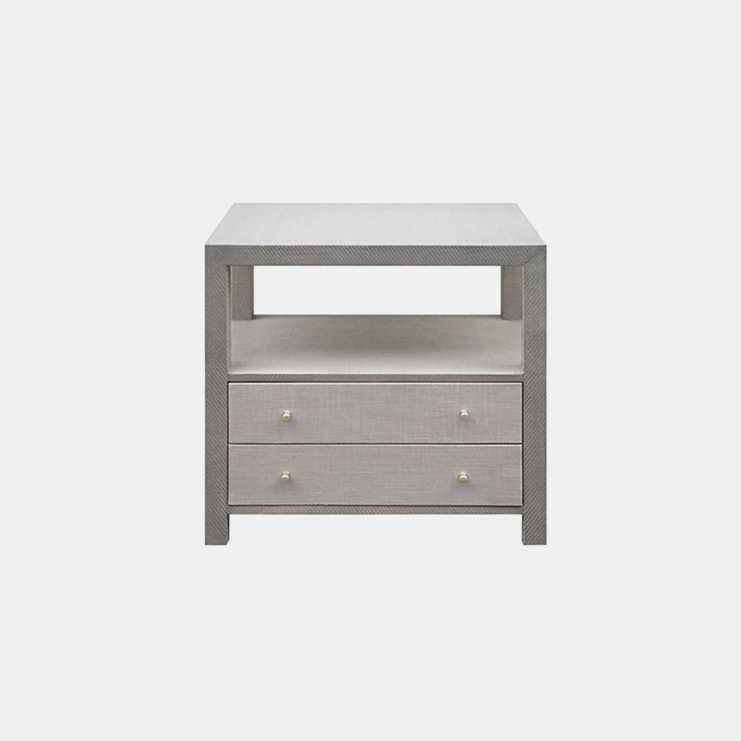 Hattie Table 30”l x 18”d x 29”h Available in gray grasscloth with gray linen drawers (shown) and natural grasscloth with white lacquer drawers. SKU517WAY