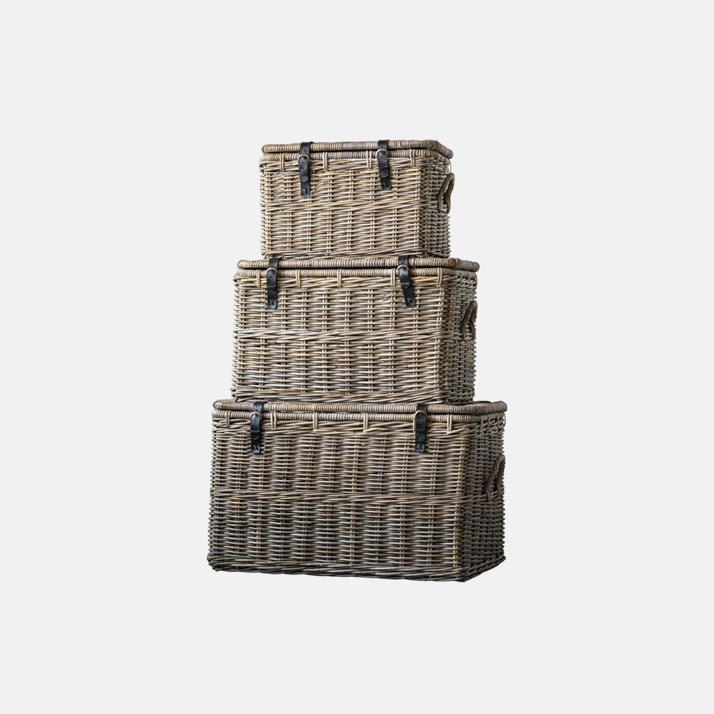 Natural Rattan Baskets with Leather Buckles 36"L x 22-1/2"W x 22"H 30-1/2"L x 19-1/4"W x 18-3/4"H 24"L x 15-1/4"W x 14-3/4"H SKU4937CCO