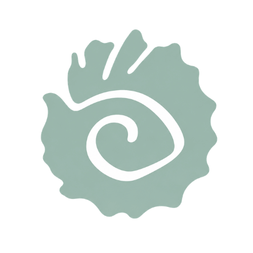 A stylized seashell with spiral design on a circular background.