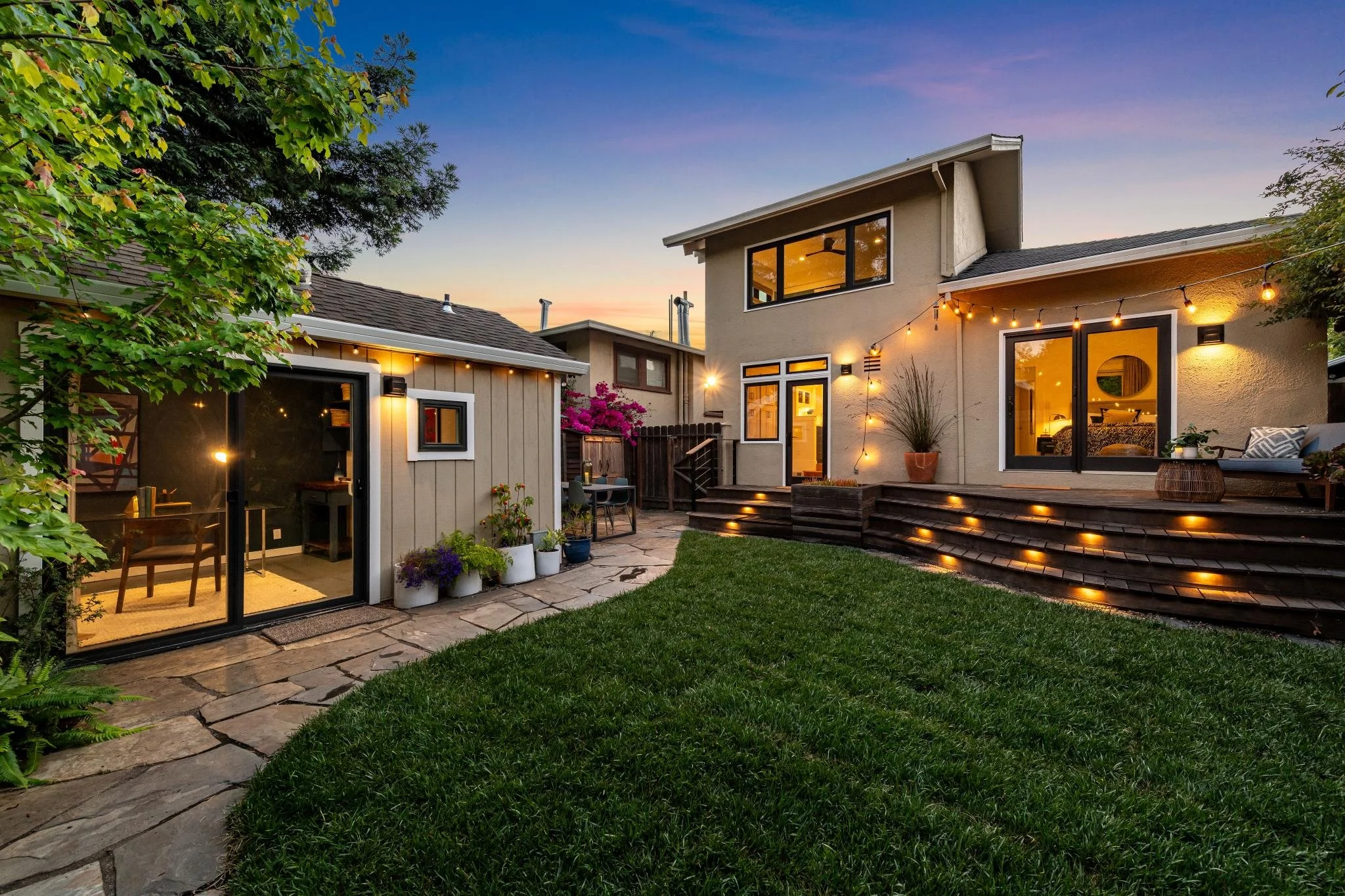 Daisy flowers with white petals and yellow centers in a field at sunset.