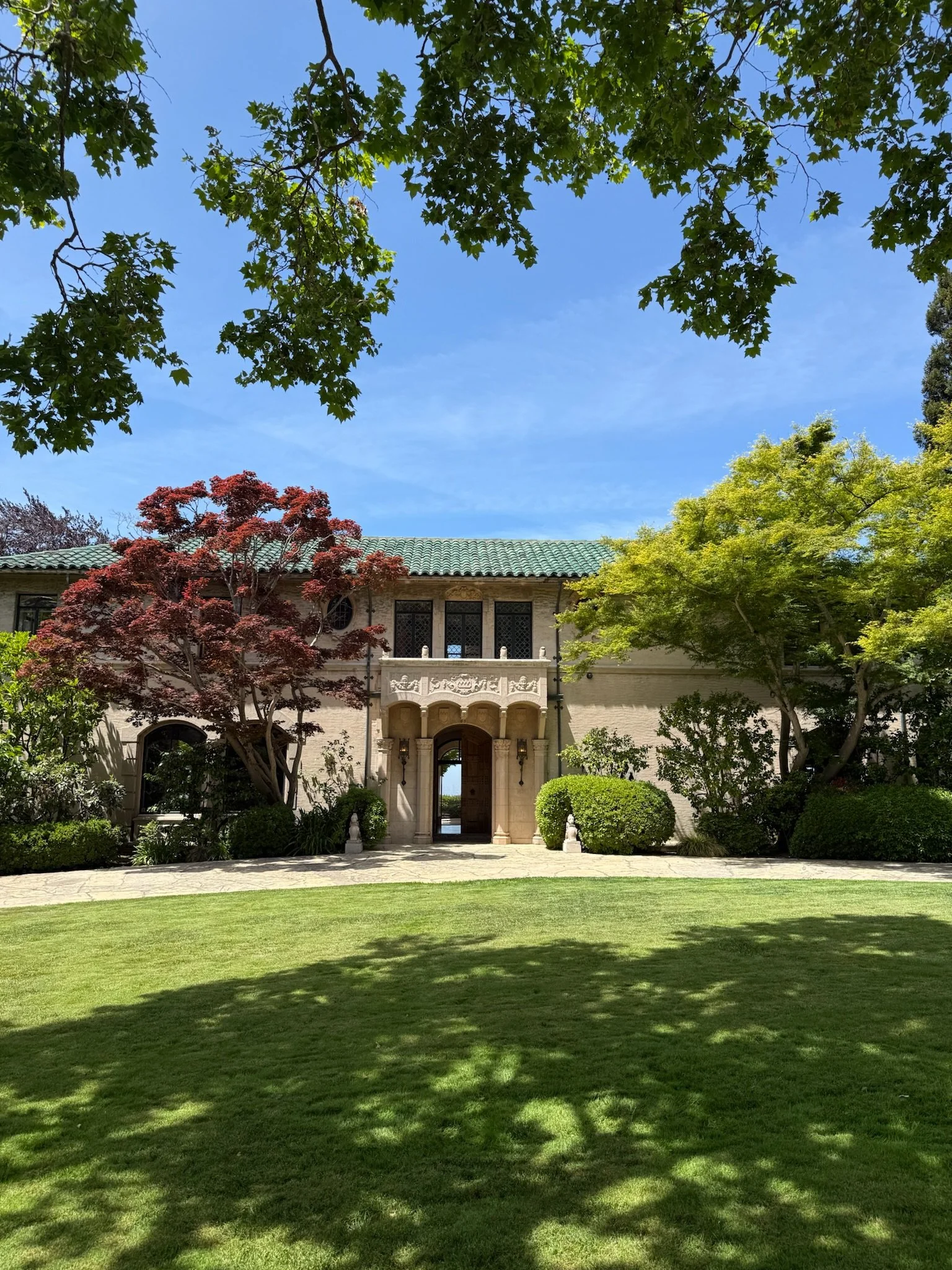A modern backyard with a swimming pool, lounge chairs, landscaped garden with purple flowers, and a house in the background, in a desert-like setting with hills.