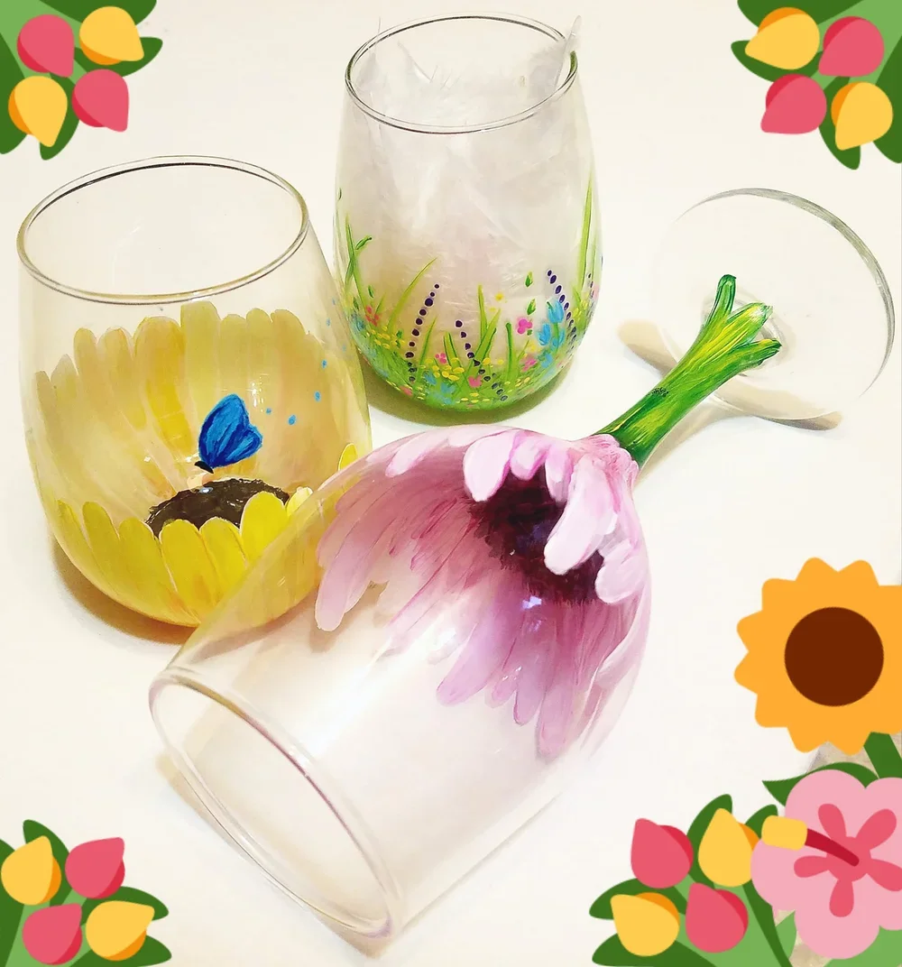 Flowery Wine Glass - Paint Party Painting