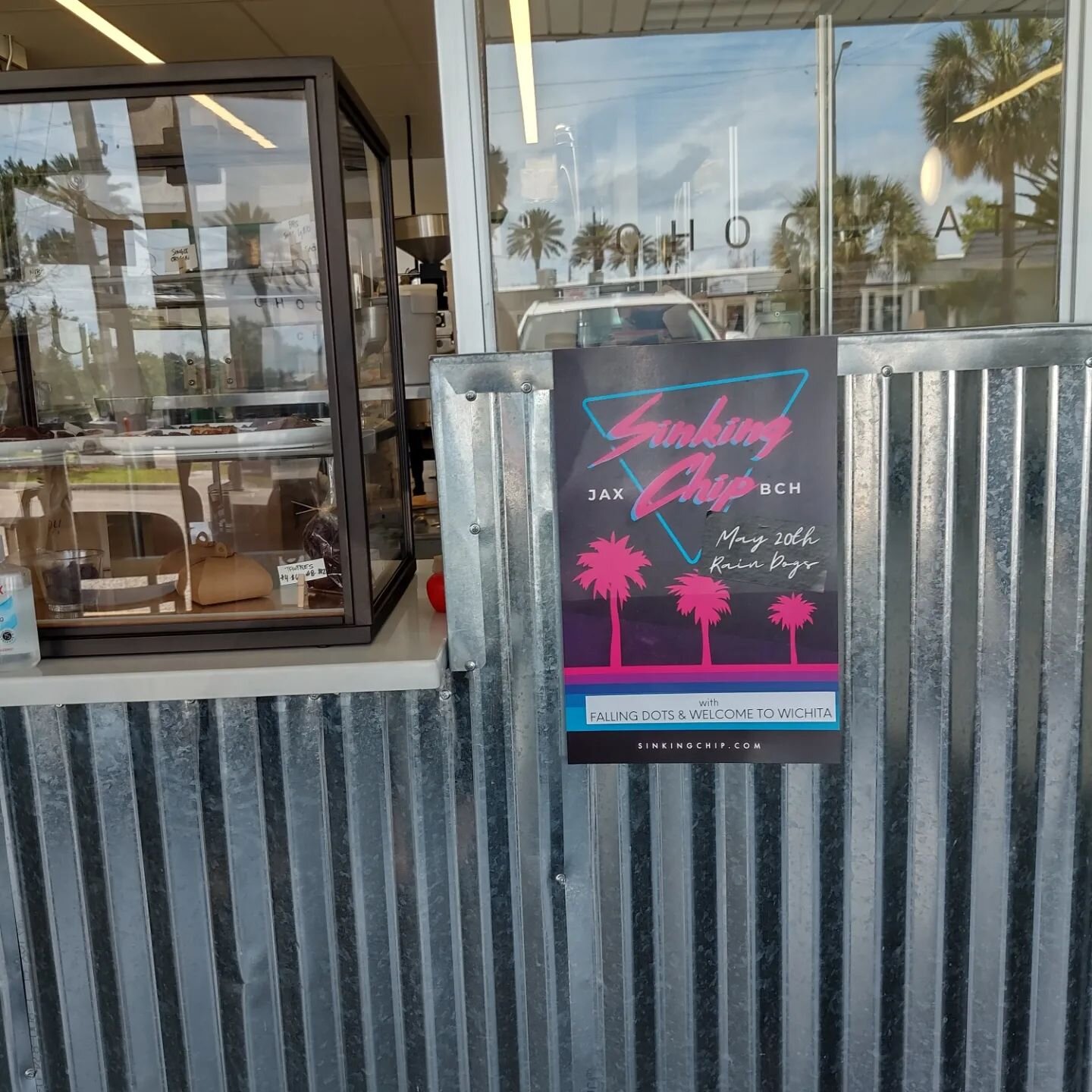 Sinking Chip around town. Have you seen our posters in person?? Stoked to play @raindogs5points THIS FREAKIN' FRIDAY NIGHT! A rad show with @welcometowichita and @jakejustchillin as Falling Dots. Thanks @makenuchocolate @georgesmusicjaxbeach and @bol