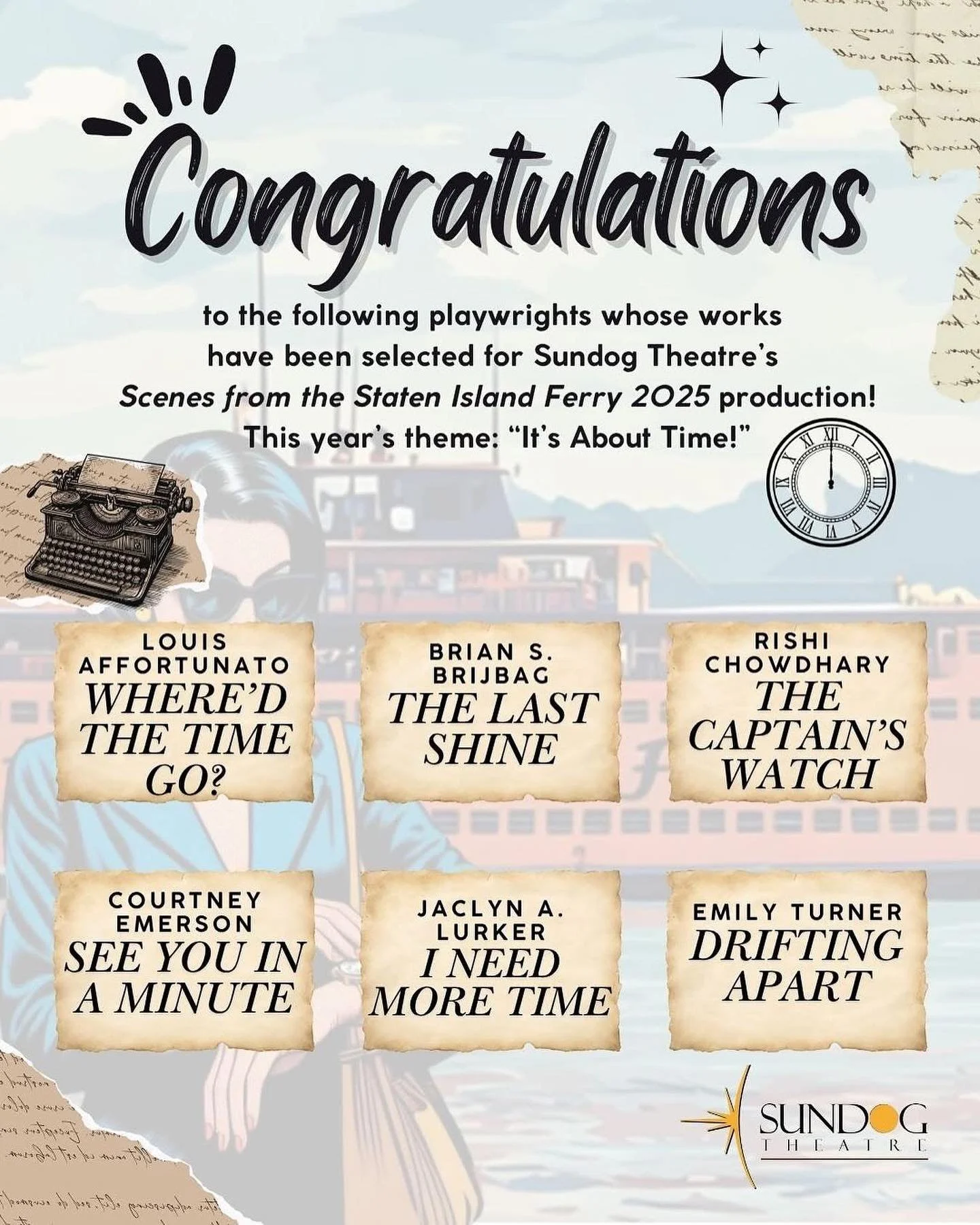 I&rsquo;m so so so excited to share that my play &ldquo;See You In A Minute&rdquo; was chosen to be a part of @sundog_theatre &lsquo;s Scenes From the Staten Island Ferry series this November!
I really enjoyed writing this piece, and i&rsquo;m so loo