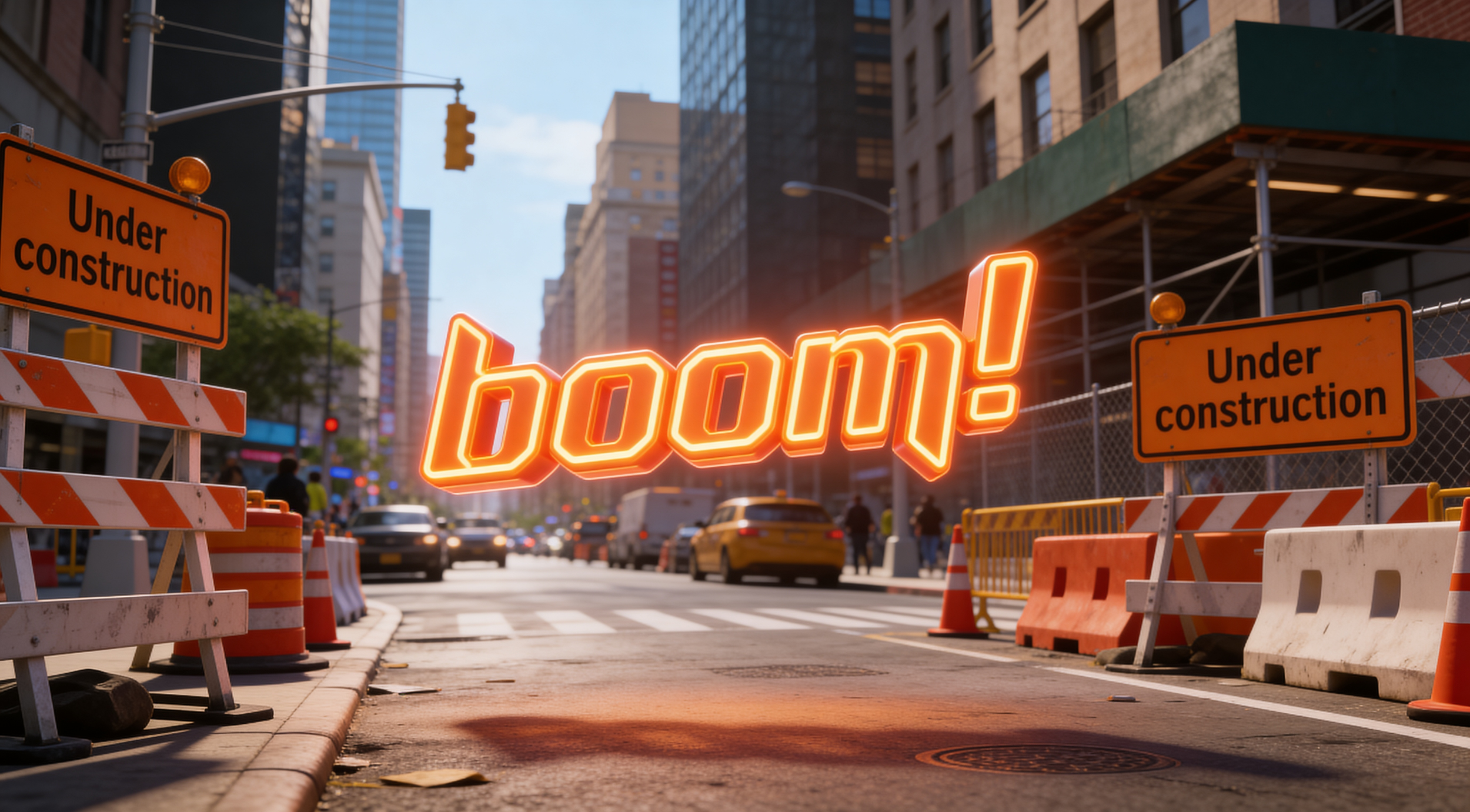 The boomcheermix logo "boom" in bright glowing orange surrounded by "under construction" signs - this image will show during the spring of 2026 while the website is being updated.