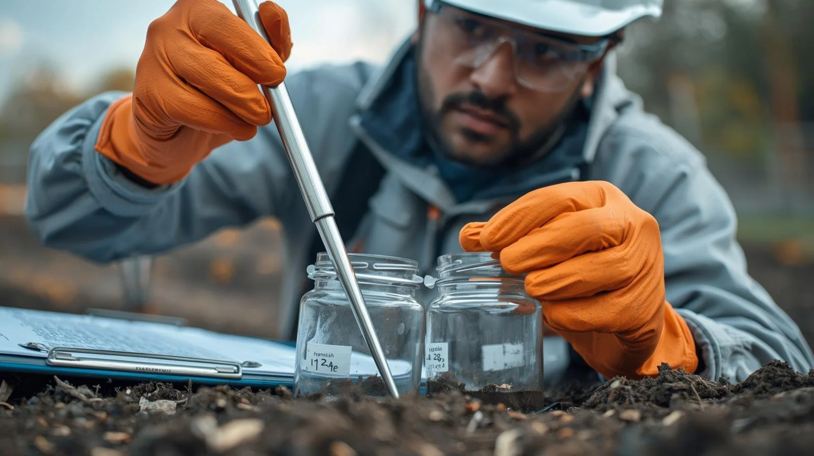 Environmental technician collecting soil samples during underground storage tank (UST) testing in Olympia, Washington.