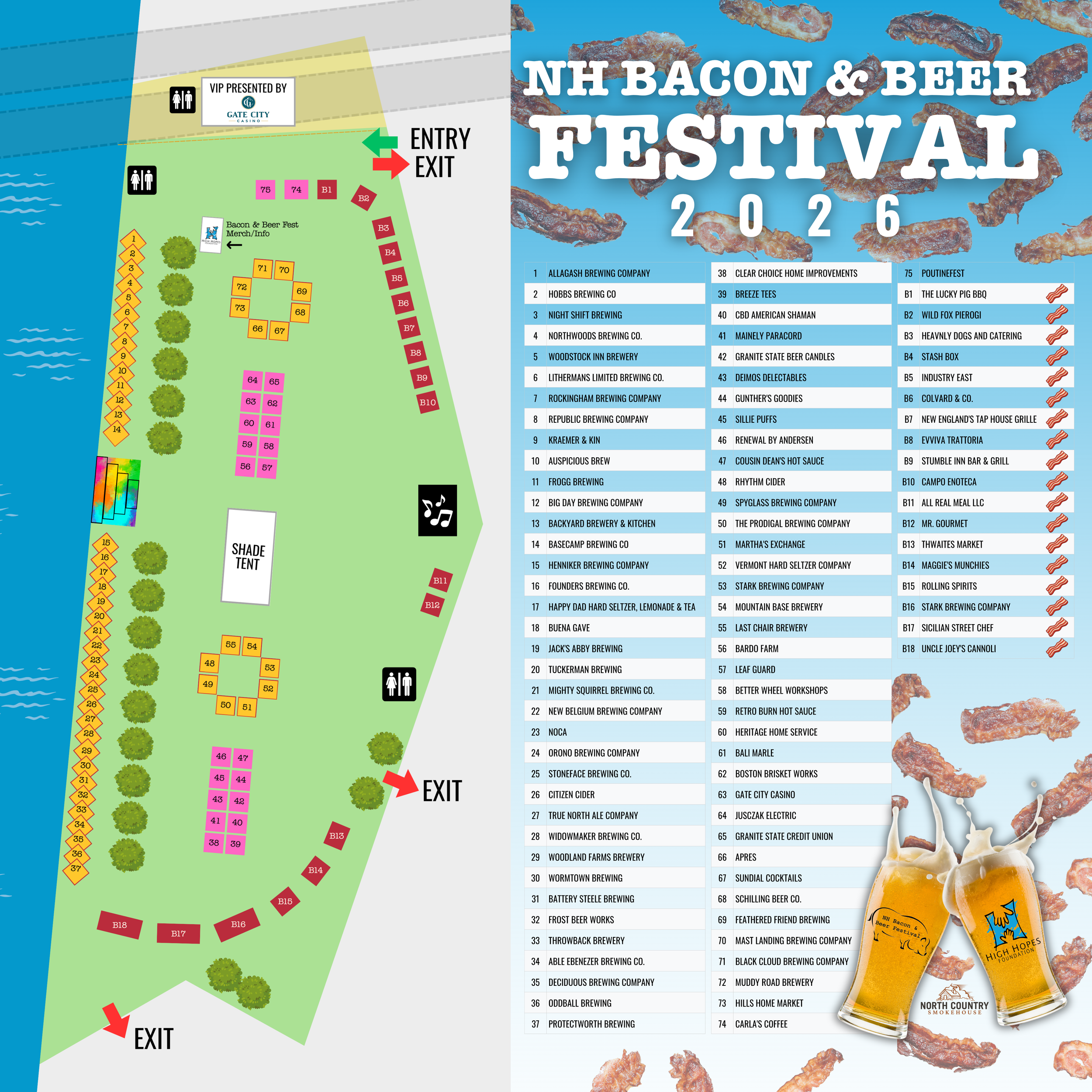 2026 NH Bacon & Beer Festival map at Arms Park in Manchester, NH showing brewery vendors, bacon sampler locations, VIP area, entrances, exits, merchandise, water station, and festival layout.