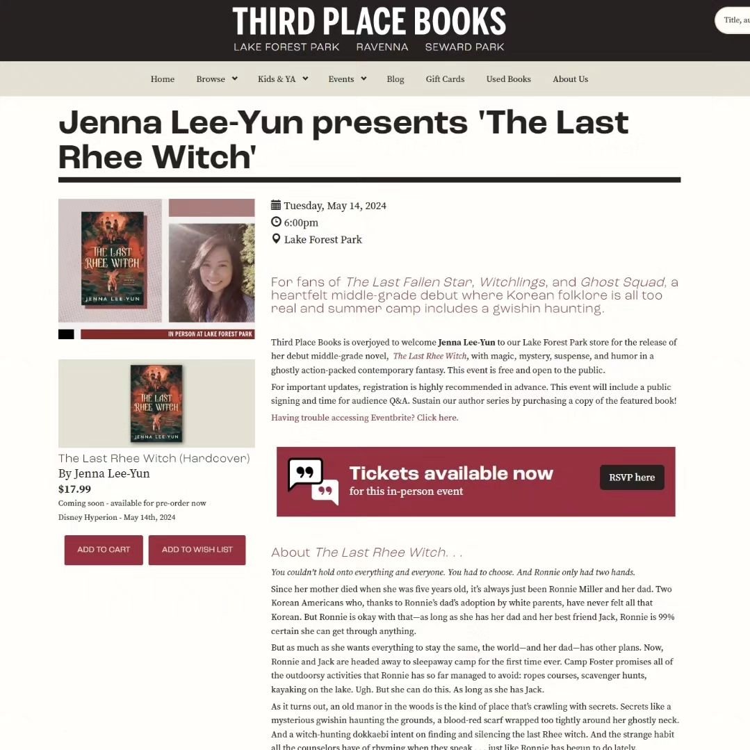 Friends! On Tuesday, May 14 2024 I will be in conversation with my dear friend Jenna Lee-Yun @jennaleeyun to celebrate the release of her amazing book, THE LAST RHEE WITCH! The event will be held at Third Place Books in Lake Forest Park, WA at 6PM. J