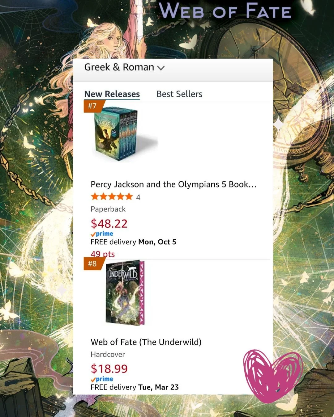 No big deal, just hanging out at #8 on the best new releases list NEXT TO *THE* RICK RIORDAN!!! Weeping with joy!!

Web of Fate will be out in a few short months! Meet Eri, the youngest sister to the Fates and be swept away on an epic adventure throu
