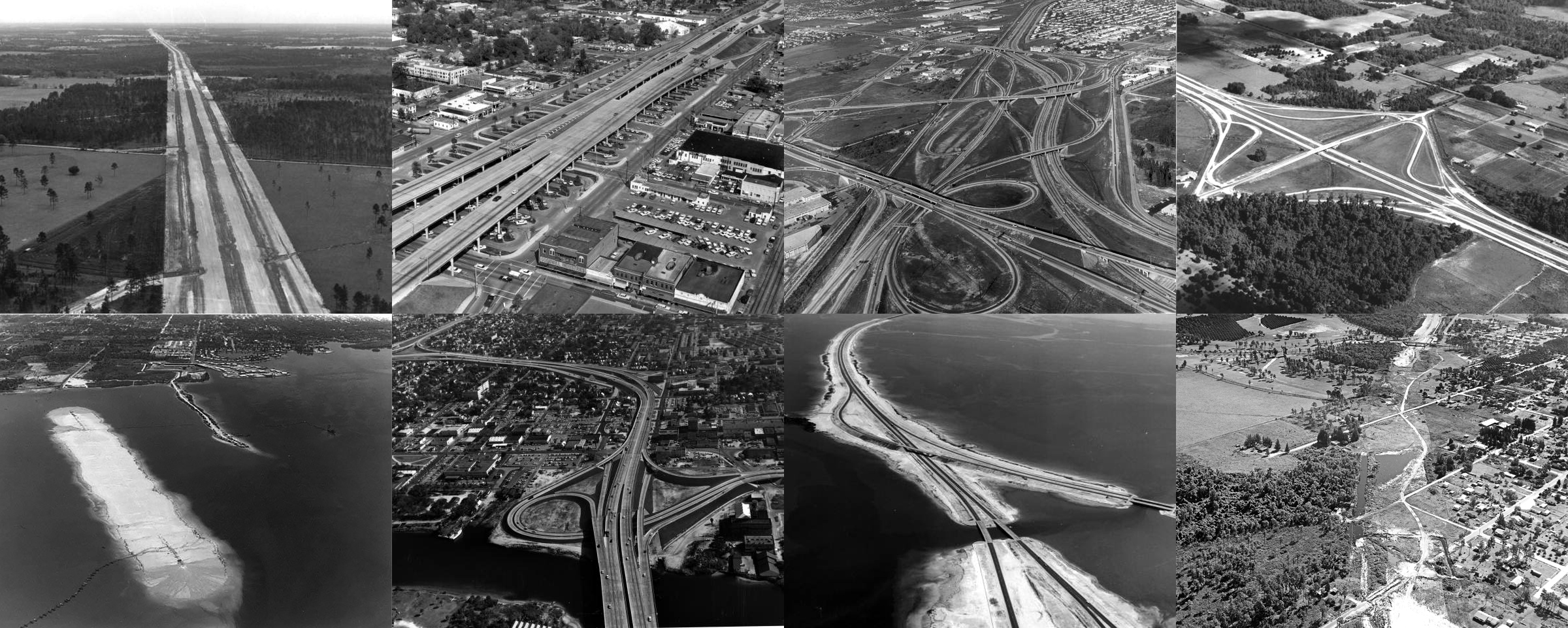 Interstate Construction in Florida | Top: (1) I-75 Lake City 1962, (2) I-4 Orlando c.1960, (3) I-95 Miami c.1956, (4) I-4 Hillsborough County, Bottom: (5) I-275 Howard Frankland Bridge c.1960, (6) I-275 Tampa c.1963, (7) I-275 Pinellas County 1960, (8) I-275 Hillsborough County c.1960