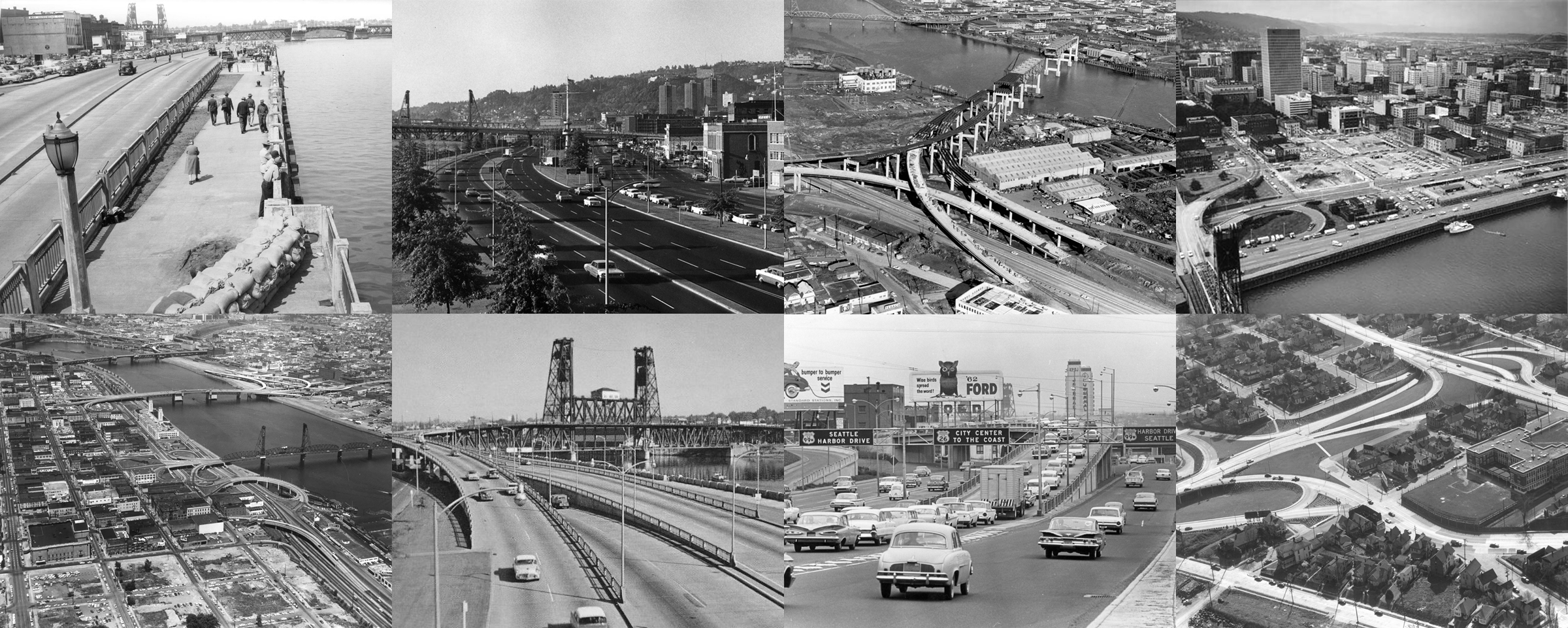 Top: ( 1 ) Downtown Portland Waterfront 1948, ( 2 ) Harbor Drive 1965, ( 3 ) Marquam Bridge Under Construction 1964 ( 4 ) Harbor Drive 1974: ( 5 ) South Auditorium Area 1963, ( 6 ) Harbor Drive Cloverleaf Postcard c1965, ( 7 ) Harbor Drive Looking North ( 8 ) Ross Island Bridge 1952