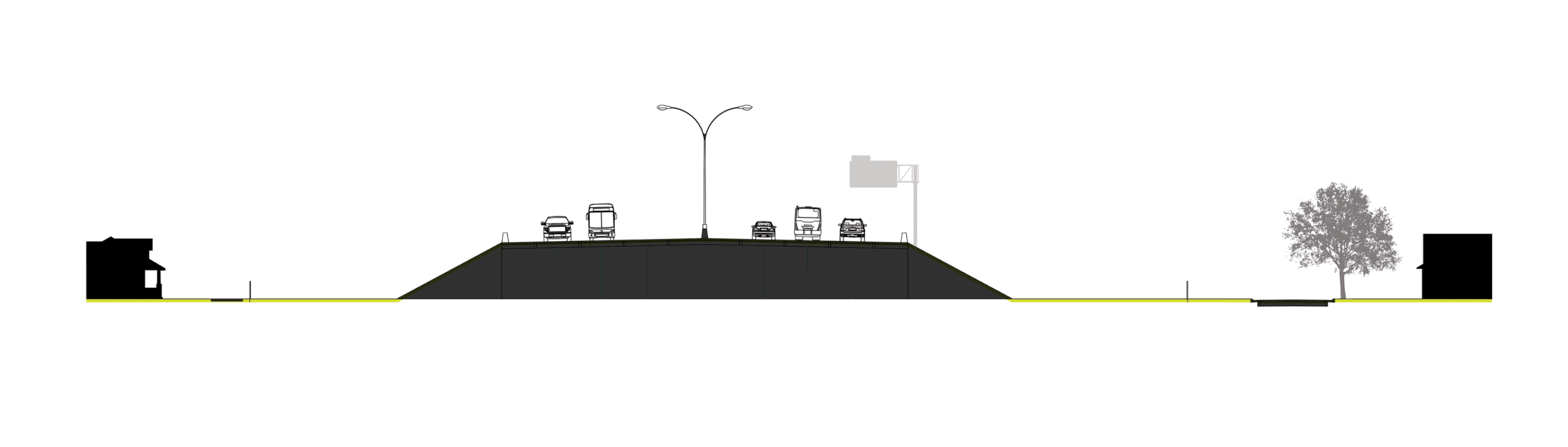 First: Existing Section Second: Boulevard Concept (1) Improved Neighborhood Streets (2) New Public Space (3) Six-Lane Boulevard (4) Curb-side Light Rail (5) Neighborhood Scale Development