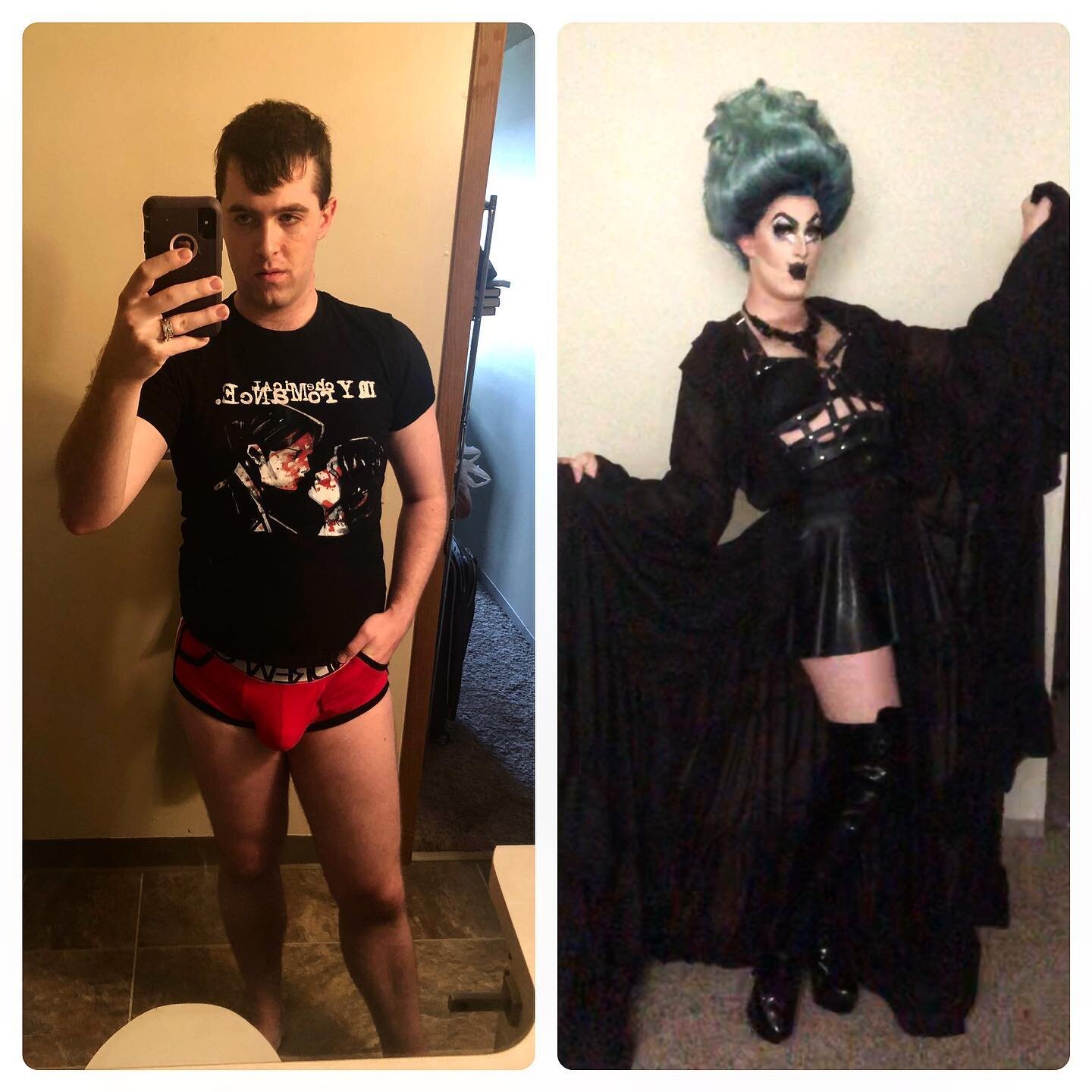 I&rsquo;ll do a #transformationtuesday when i #feellikeit! On the left we have &ldquo;this underwear has pockets!&rdquo; On the right we have my family friendly version of Hades for a digital all ages drag show. Get yourself a queen who can do both i