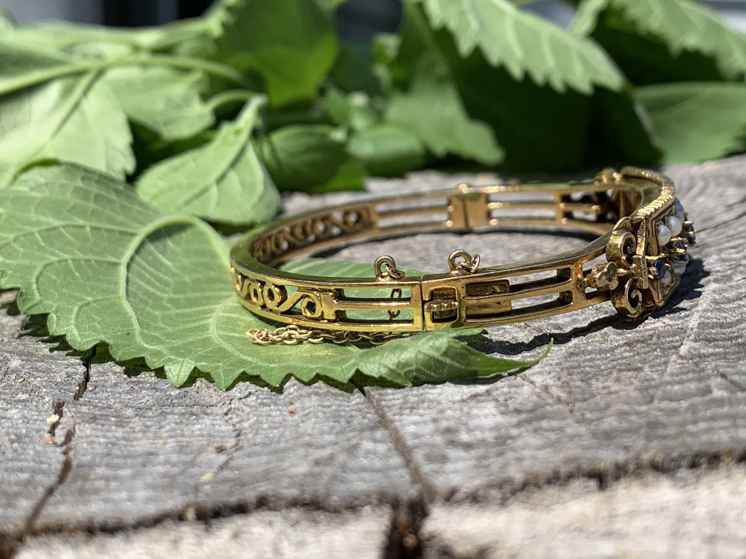 14K Yellow Gold Sapphire and Pearl Bangle