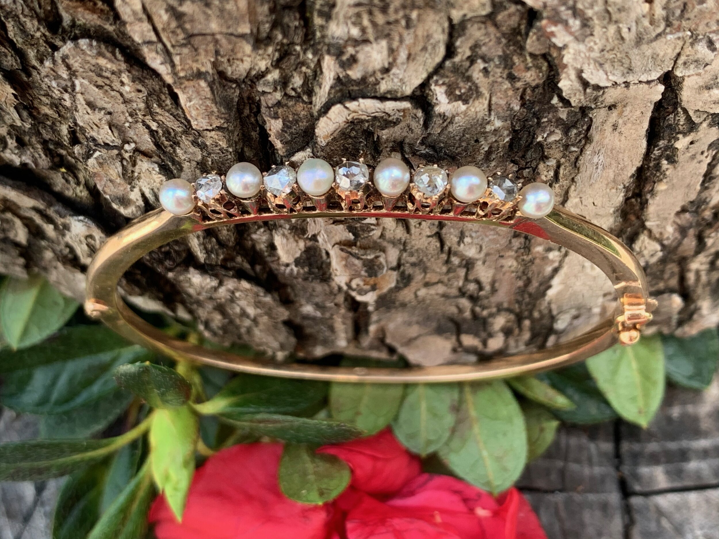 14K Yellow Gold Diamond and Pearl Victorian Bangle