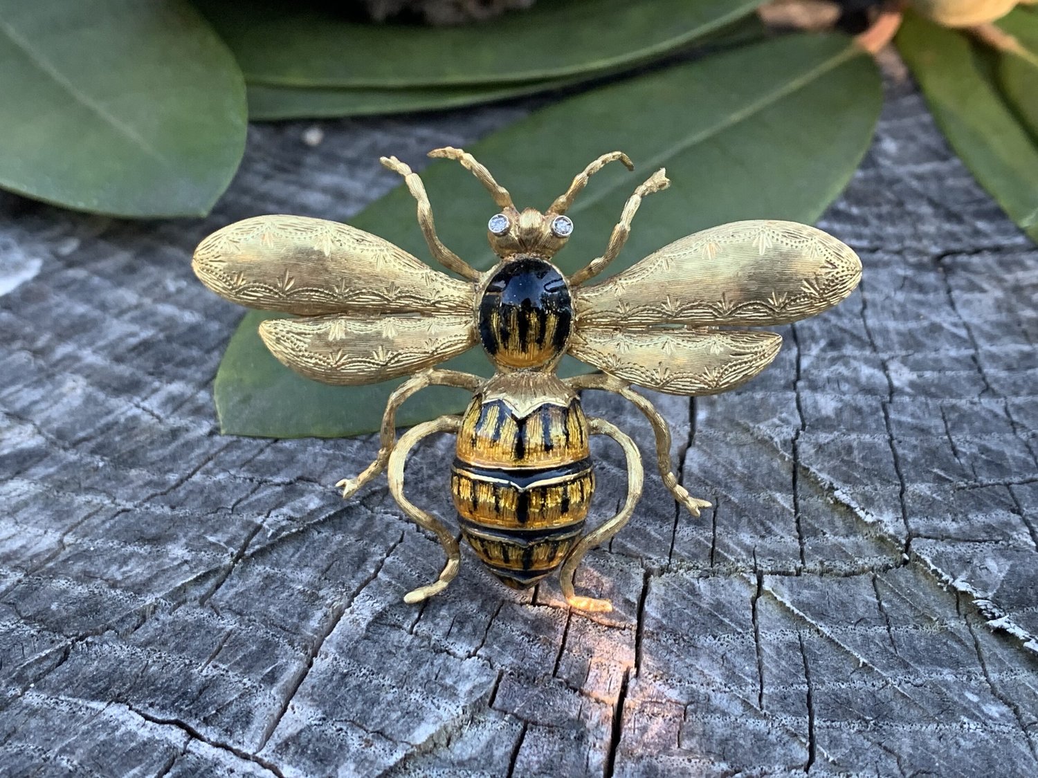 18K Yellow Gold and Enamel Bumblebee Brooch — Antique Jewelry NYC