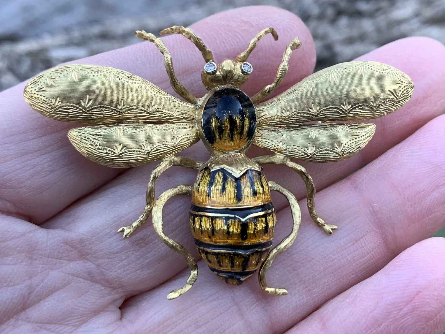 18K Yellow Gold and Enamel Bumblebee Brooch — Antique Jewelry NYC
