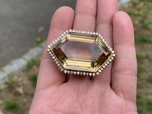 14K Yellow Gold Large Citrine and Diamond Brooch — Antique Jewelry NYC