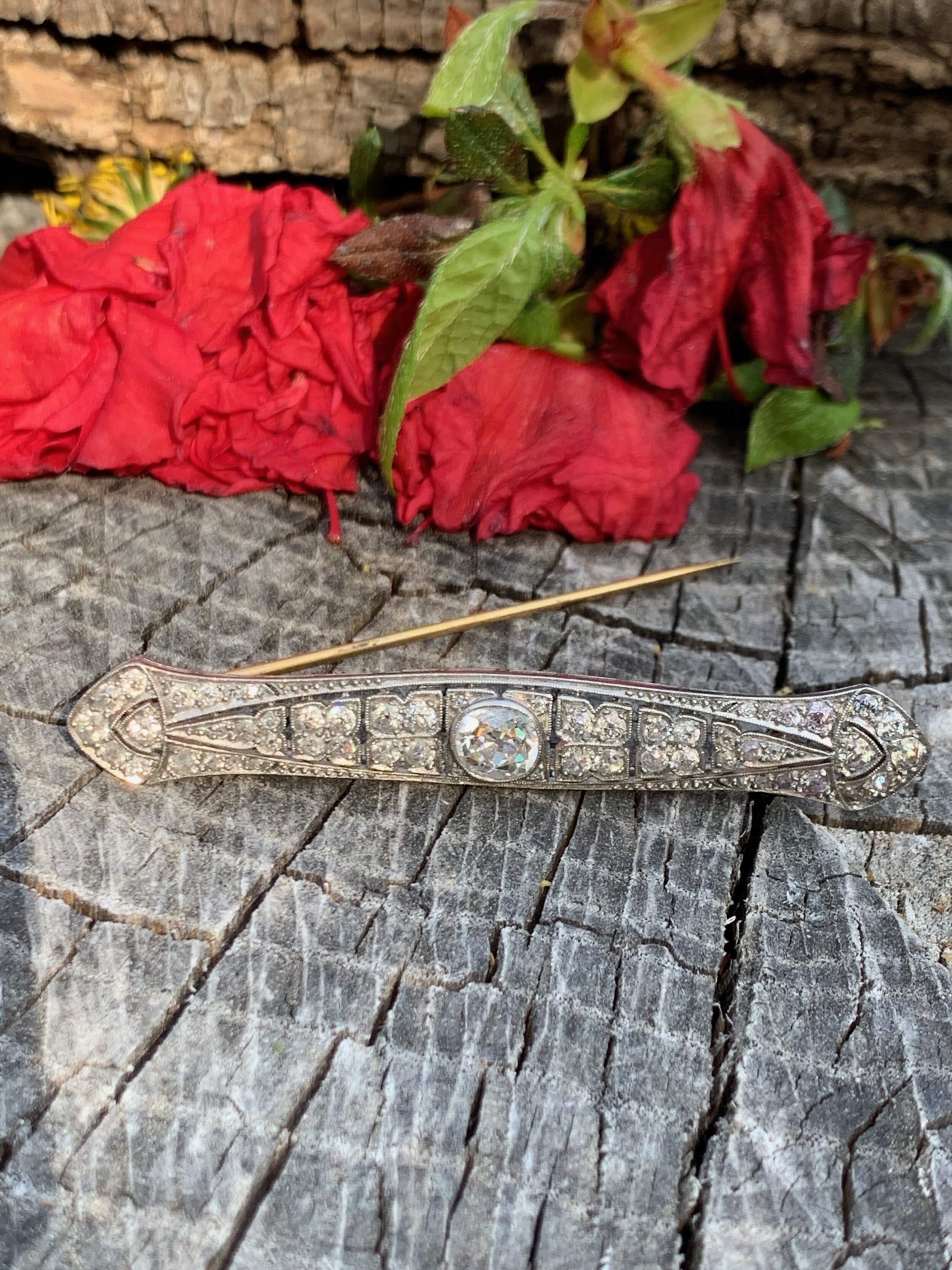 Art Deco Old Mine Cut Diamond Bar Pin