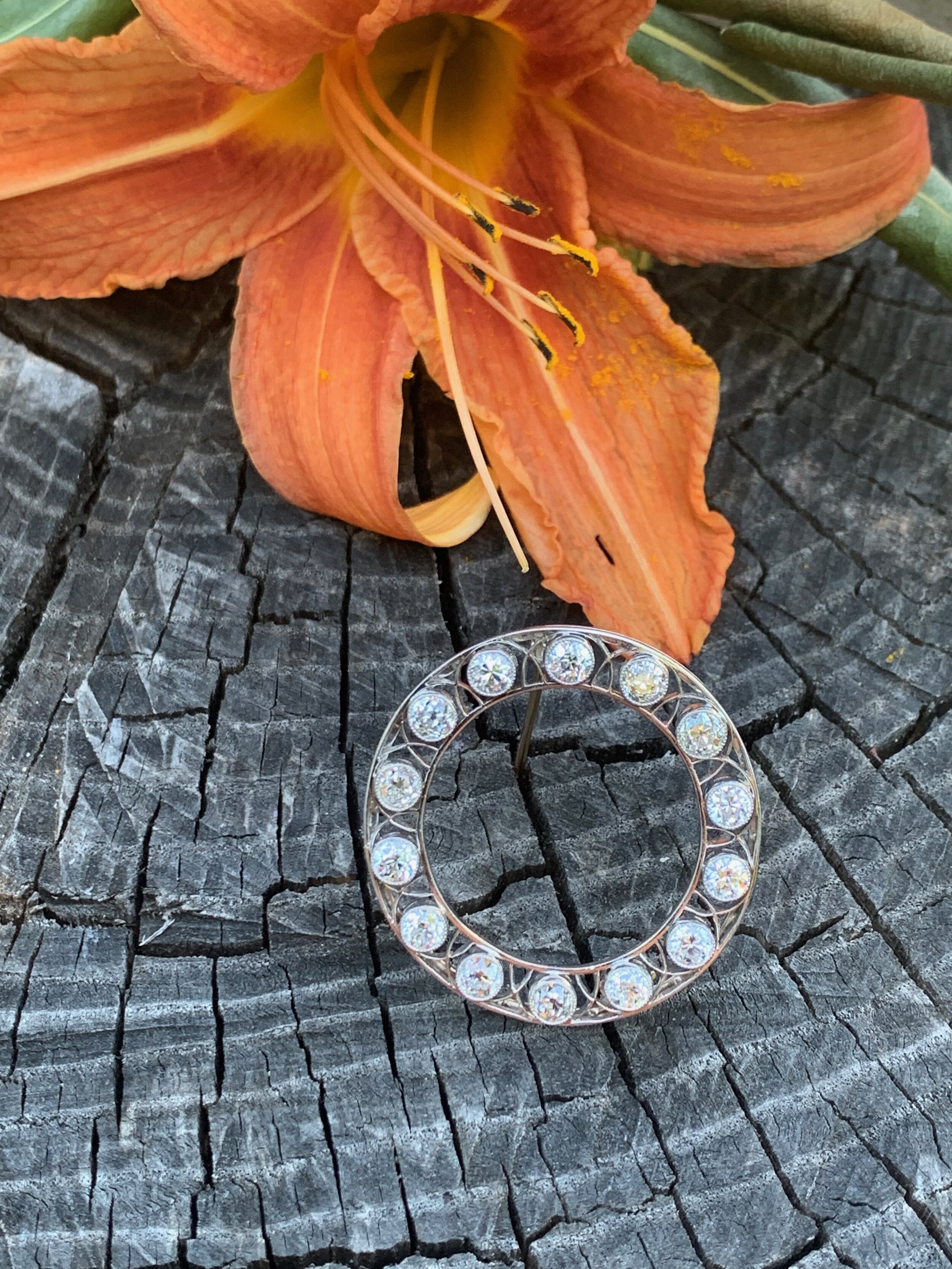 Art Deco Old Mine Cut Diamond Circle Brooch