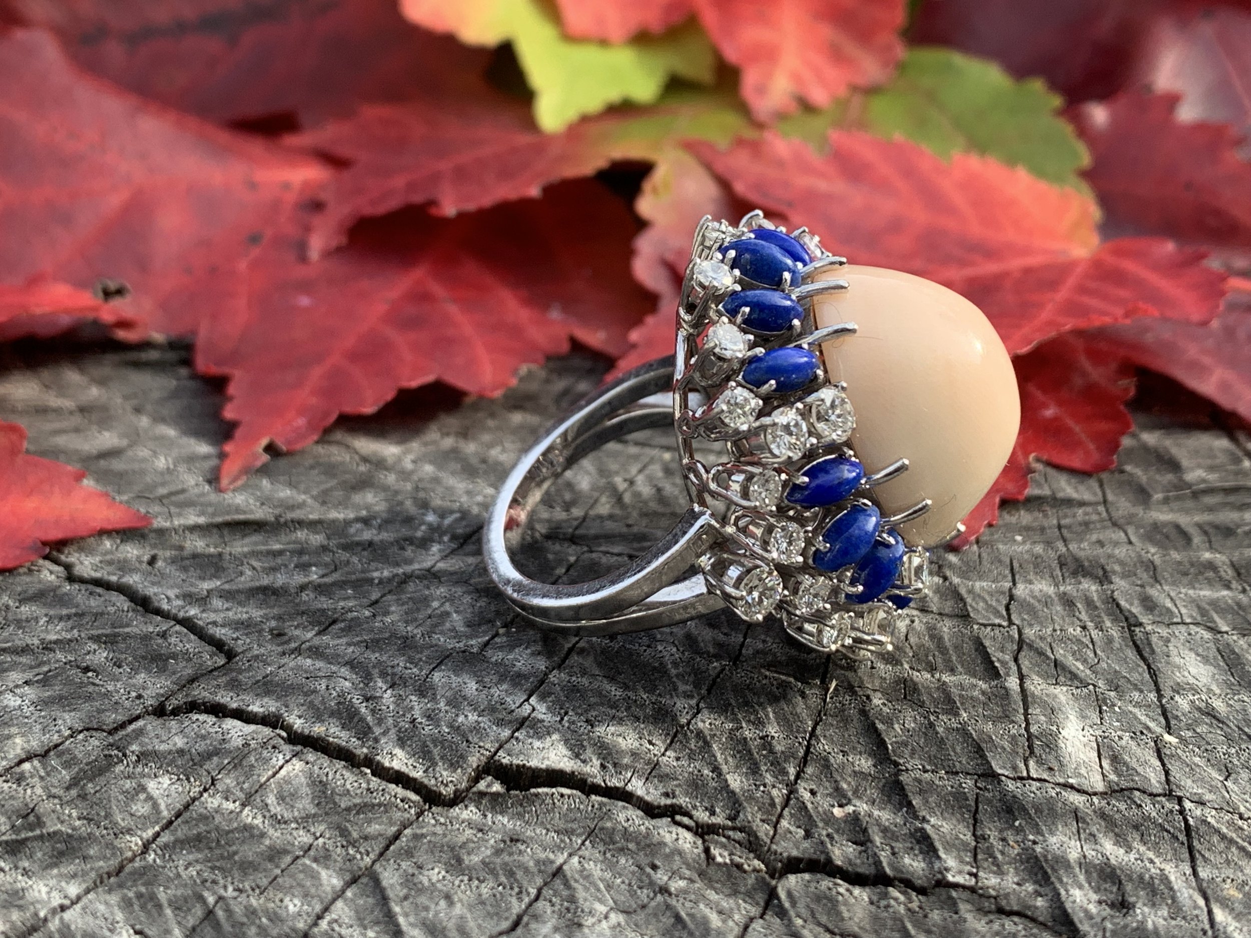 Platinum Coral, Lapis and Diamond Statement Ring — Antique Jewelry NYC