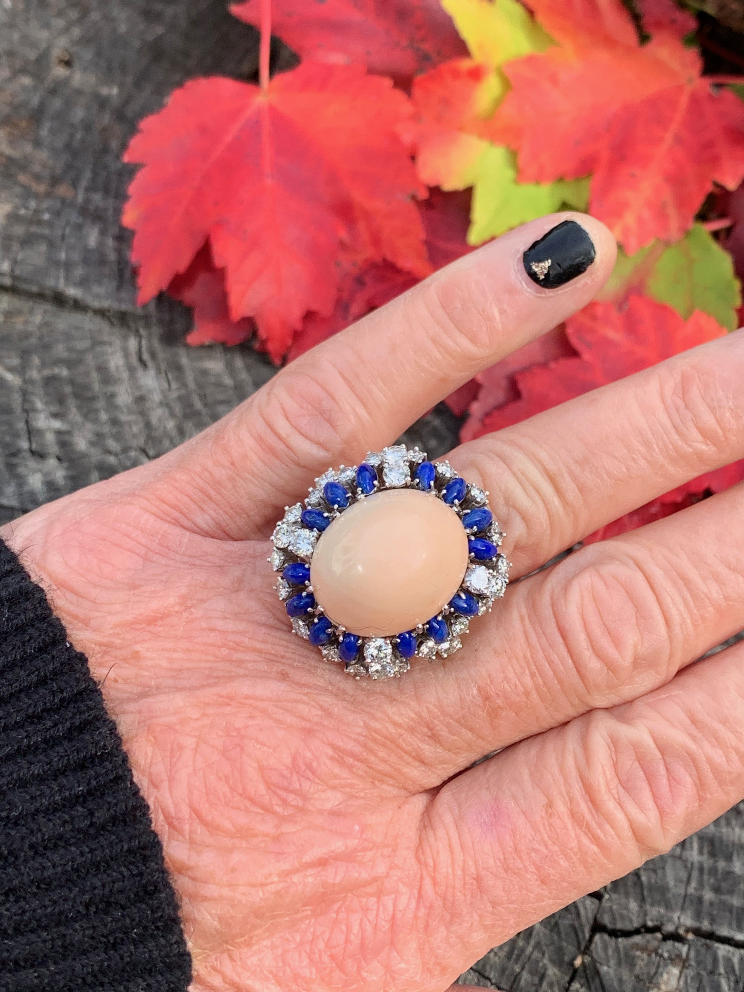 Platinum Coral, Lapis and Diamond Statement Ring — Antique Jewelry NYC