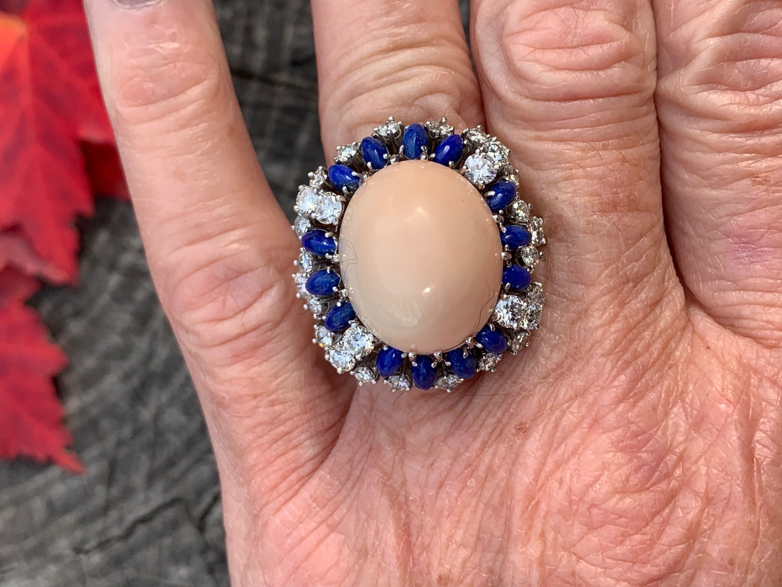 Platinum Coral, Lapis and Diamond Statement Ring — Antique Jewelry NYC