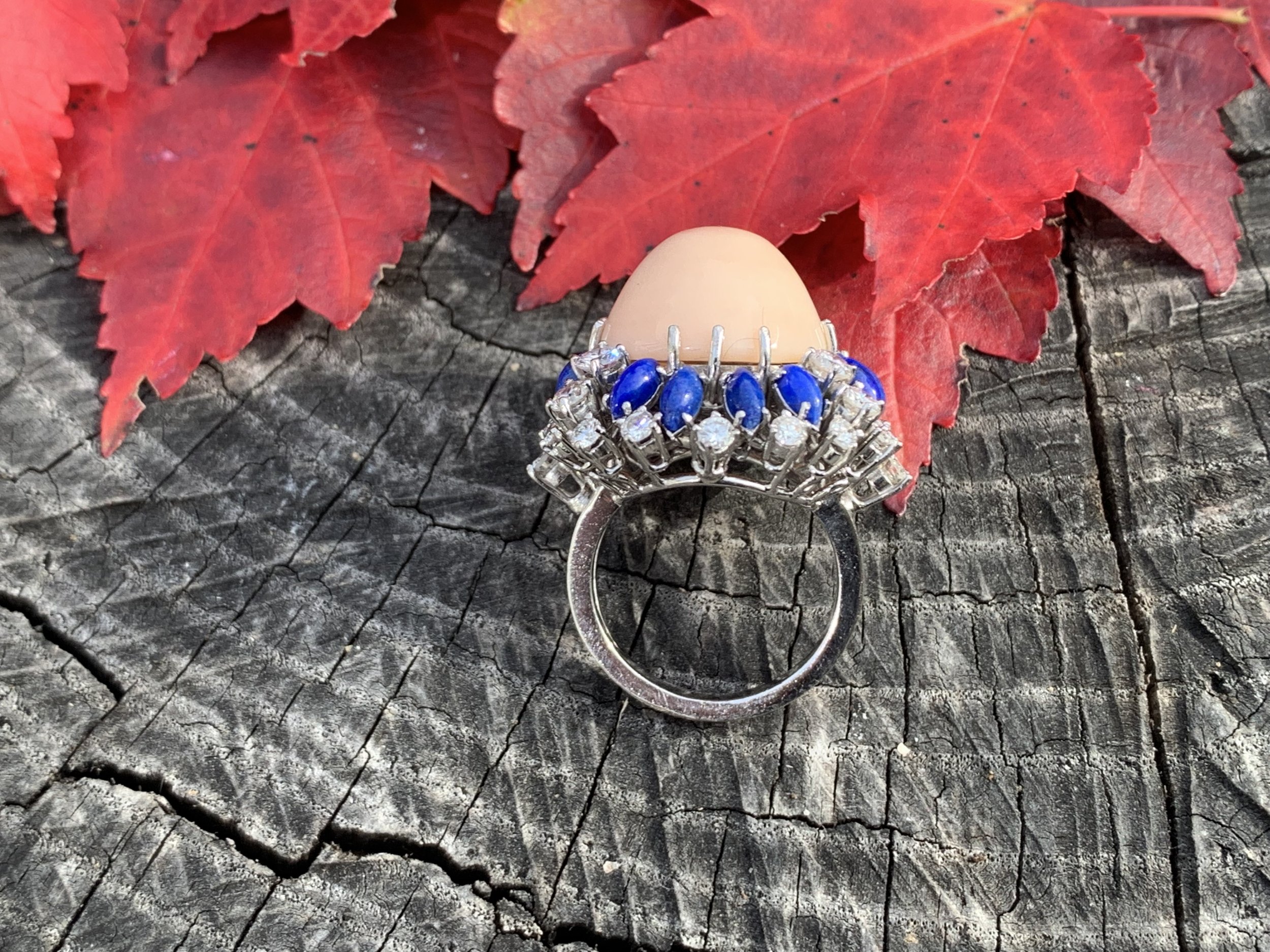 Platinum Coral, Lapis and Diamond Statement Ring — Antique Jewelry NYC